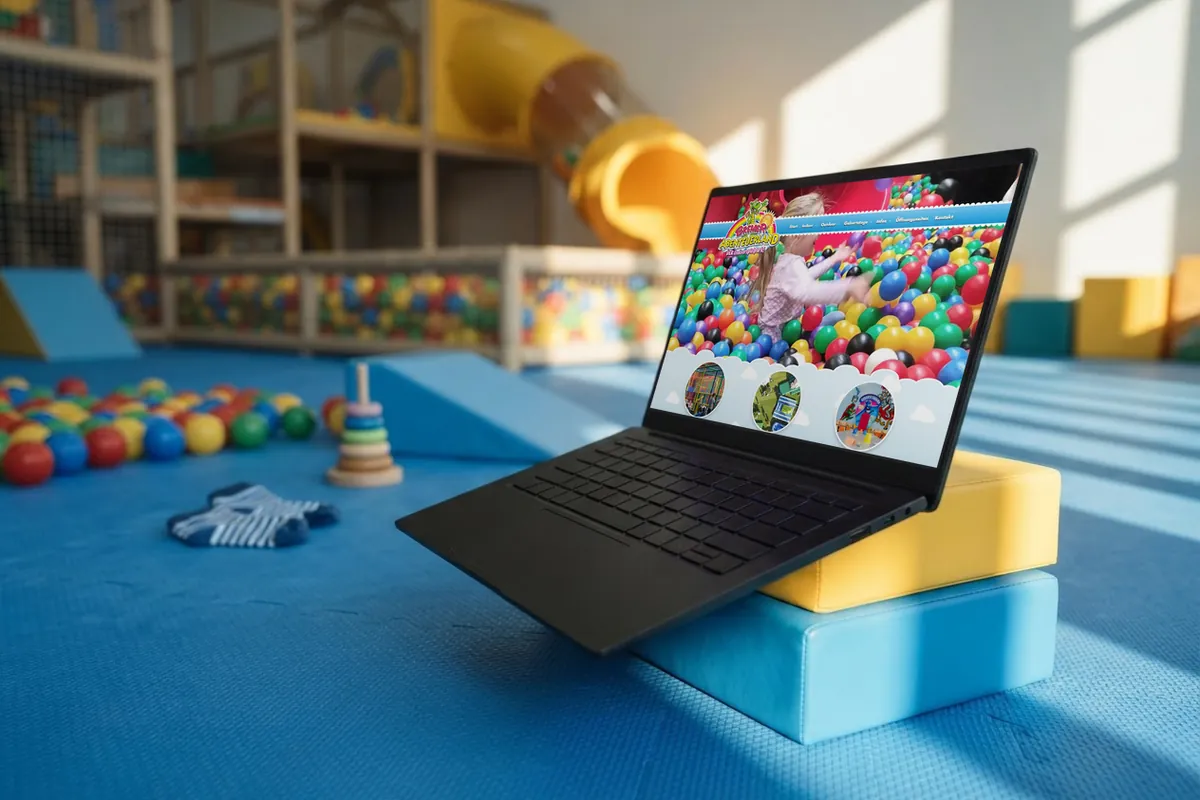 Webseite für Indoorspielplätze: laptop mit der Website von Bremer Abenteuerland, Indoorspielpark in Stuhr bei Bremen.