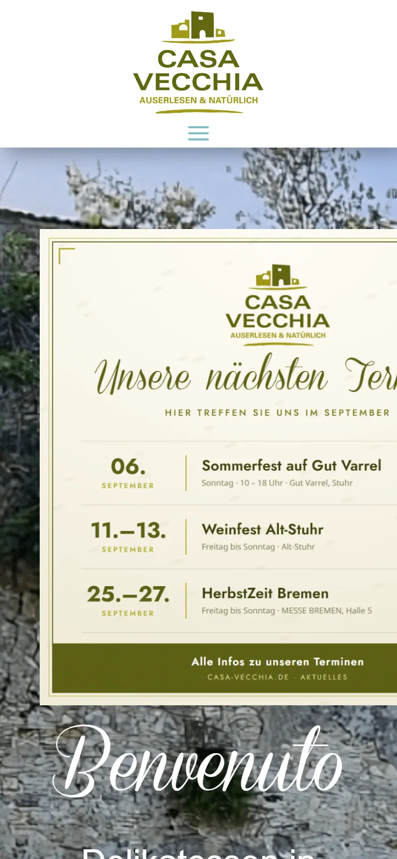 Webseite für Feinkostläden am Handy: Casa Vecchia, Weyhe Webseite für Feinkostläden am Handy: die Website von Casa Vecchia aus Weyhe in der mobilen Ansicht