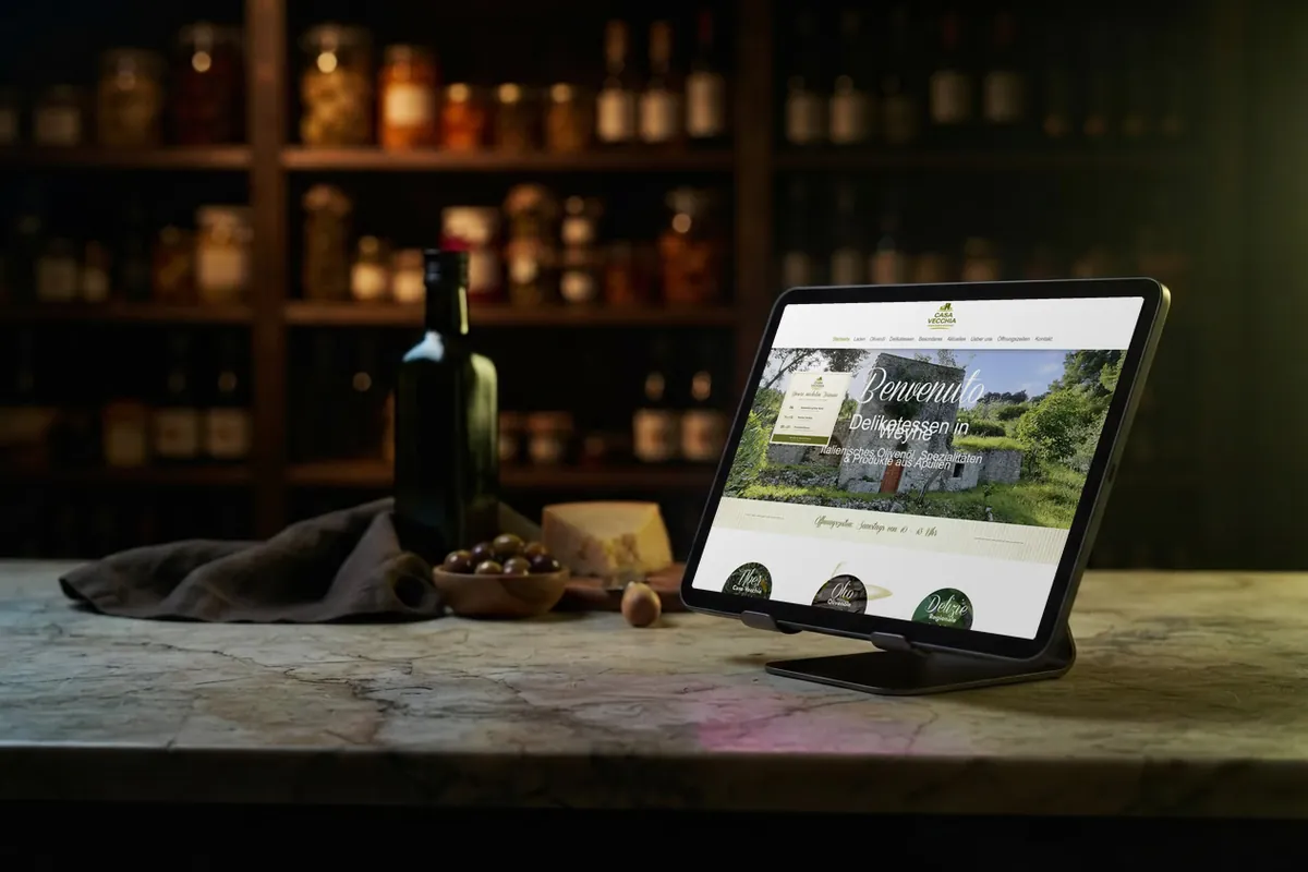 Webdesign-Referenz Feinkost: Casa Vecchia, Weyhe Webseite für Feinkostläden: tablet mit der Website von Casa Vecchia, Feinkost in Weyhe, als Webdesign-Referenz im Studiobild.