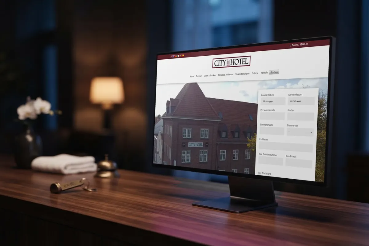 Webseite für Hotels: monitor mit der Website von City Hotel, Hotel in Delmenhorst, als Webdesign-Referenz im Studiobild.