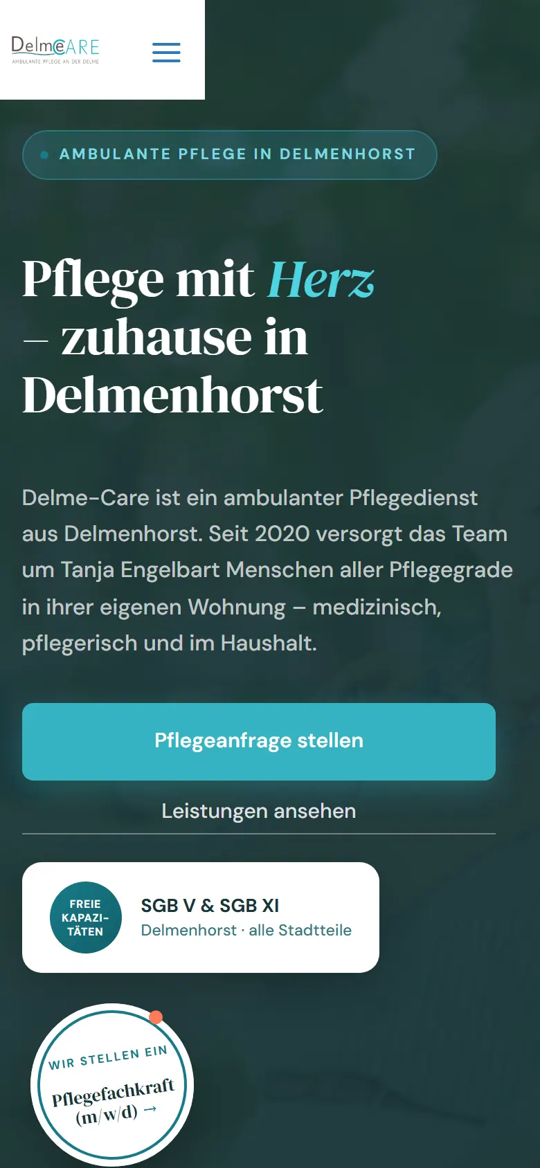 Webseite für Pflegedienste am Handy: die Website von Delme-Care aus Delmenhorst in der mobilen Ansicht