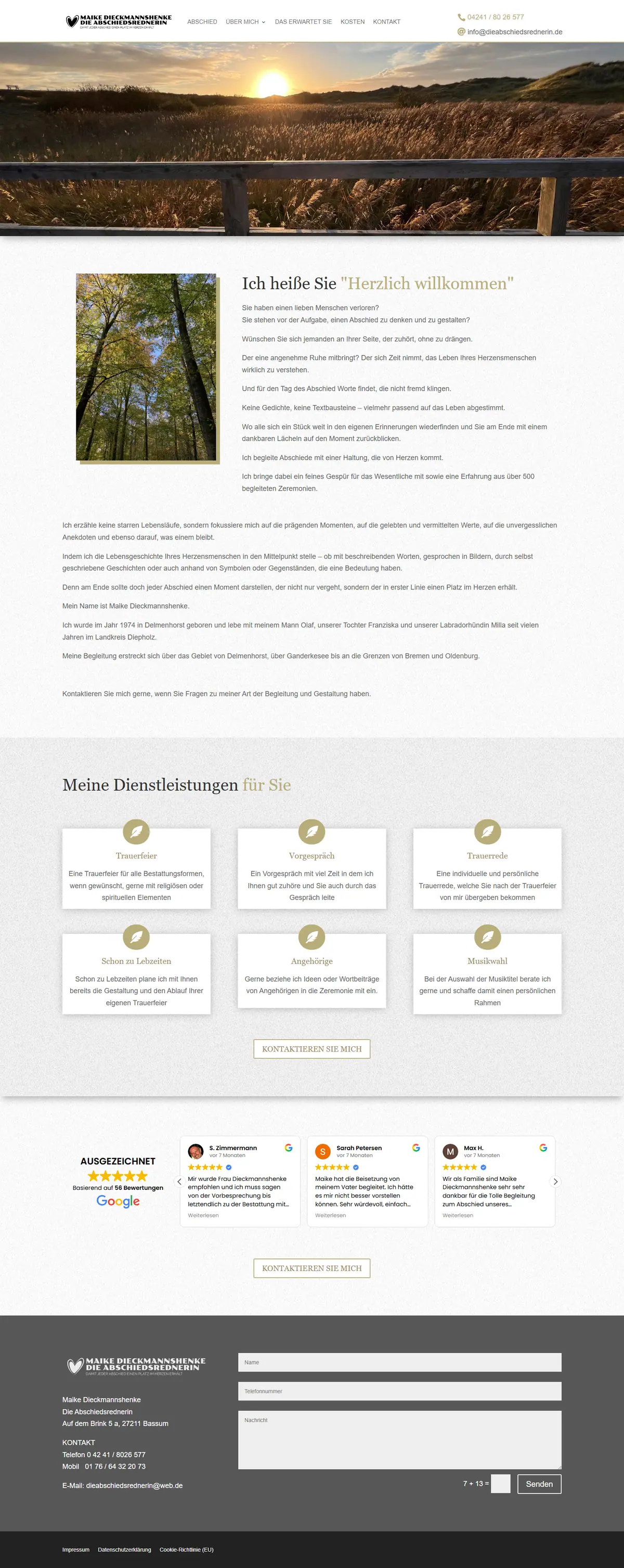 Webseite für Trauerrednerinnen: Startseite von Die Abschiedsrednerin, Trauerrednerin in Bassum, gebaut von Media-Nord.com