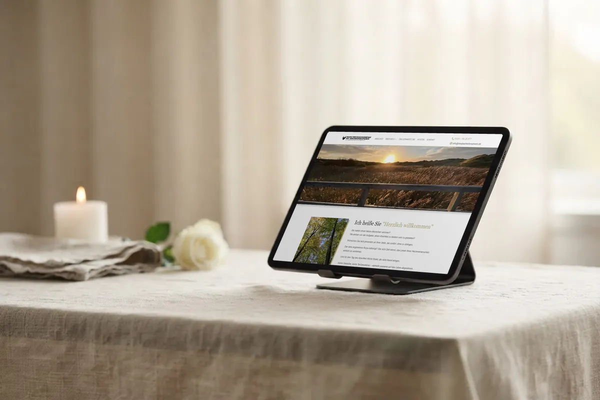 Webdesign-Referenz Trauerrednerin: Die Abschiedsrednerin, Bassum Webseite für Trauerrednerinnen: tablet mit der Website von Die Abschiedsrednerin, Trauerrednerin in Bassum.