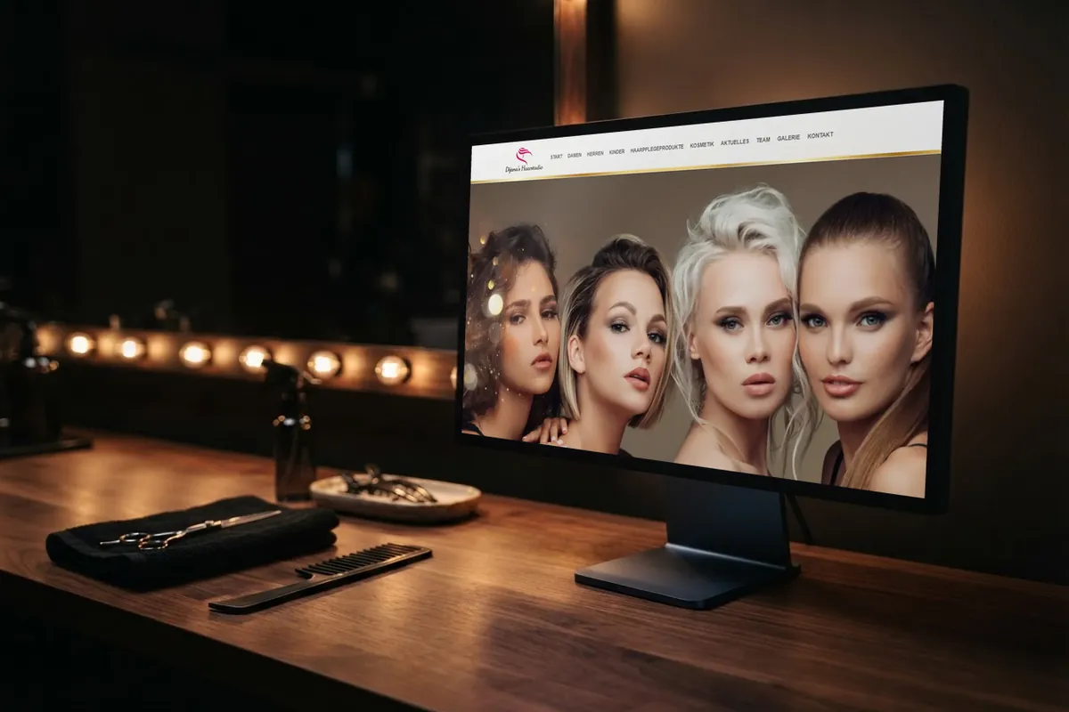 Webdesign-Referenz Friseursalon: Dijana's Haarstudio, Weyhe Webseite für Friseursalons: monitor mit der Website von Dijana's Haarstudio, Friseursalon in Weyhe.
