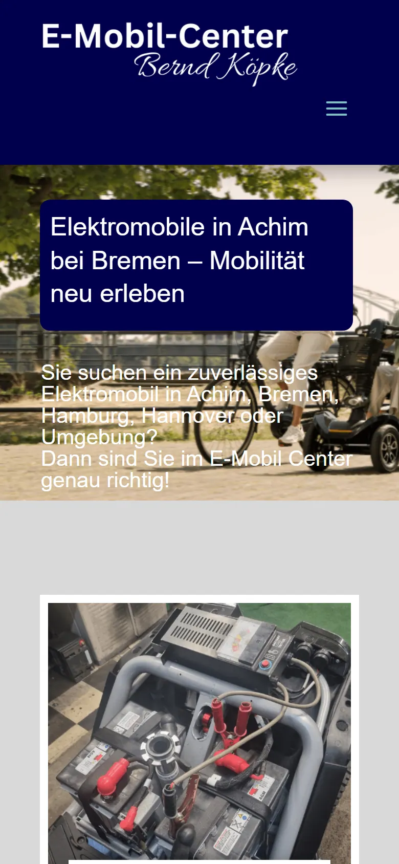 Webseite für Elektromobil-Händler am Handy: die Website von E-Mobil-Center aus Achim in der mobilen Ansicht