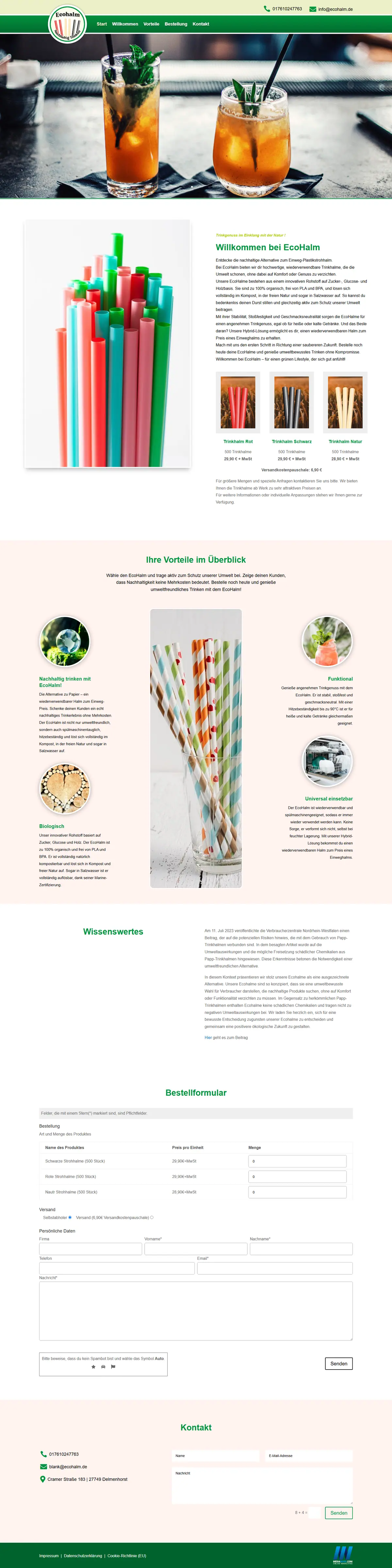 Webseite für Onlinehändler in Delmenhorst: Ecohalm Webseite für Onlinehändler: Startseite von Ecohalm, Onlinehandel für Trinkhalme in Delmenhorst, gebaut von Media-Nord.com