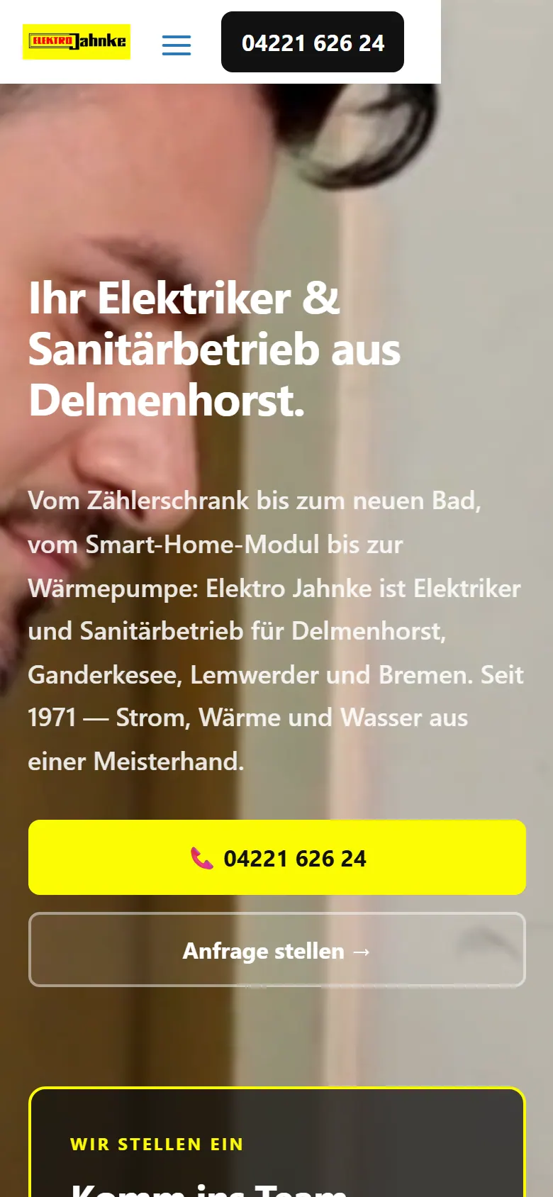 Webseite für Elektroinstallateure am Handy: die Website von Elektro Jahnke aus Delmenhorst in der mobilen Ansicht