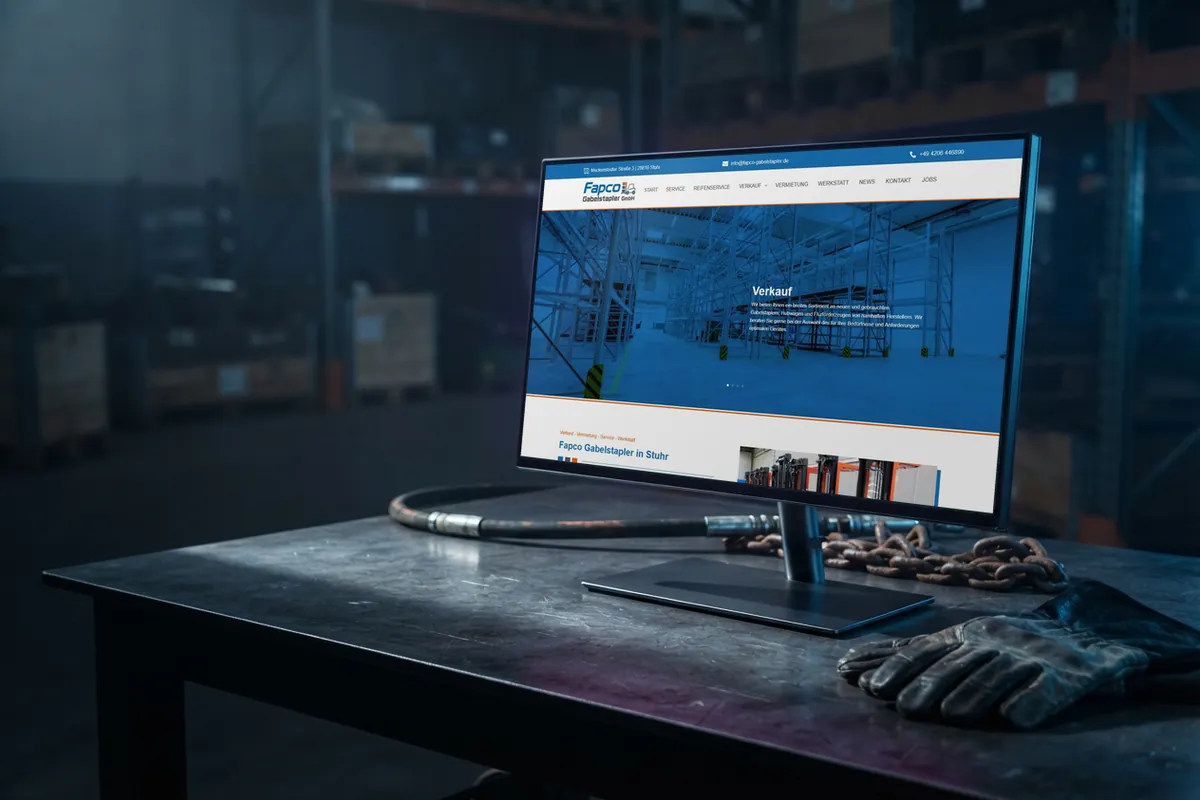 Webseite für Gabelstapler-Betriebe: monitor mit der Website von Fapco Gabelstapler, Gabelstapler-Service in Stuhr.