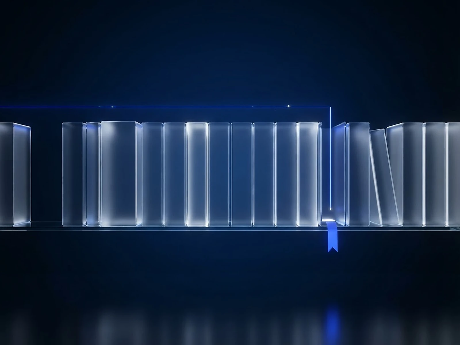 Reihe gläserner Bücher, ein Lichtstrahl führt zu einem leuchtenden Lesezeichen: die firmeninterne KI antwortet mit Quelle.
