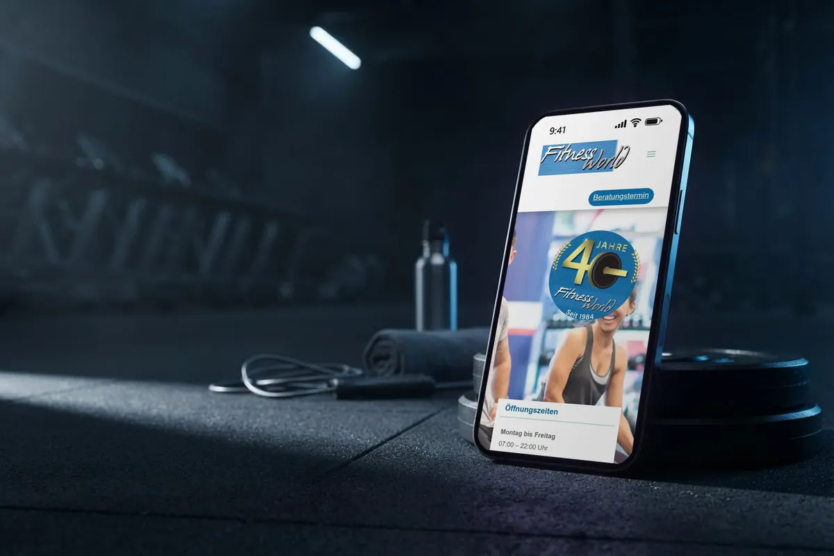 Webseite für Fitnessstudios: handy mit der Website von Fitness World Schortens, Fitnessstudio in Schortens.