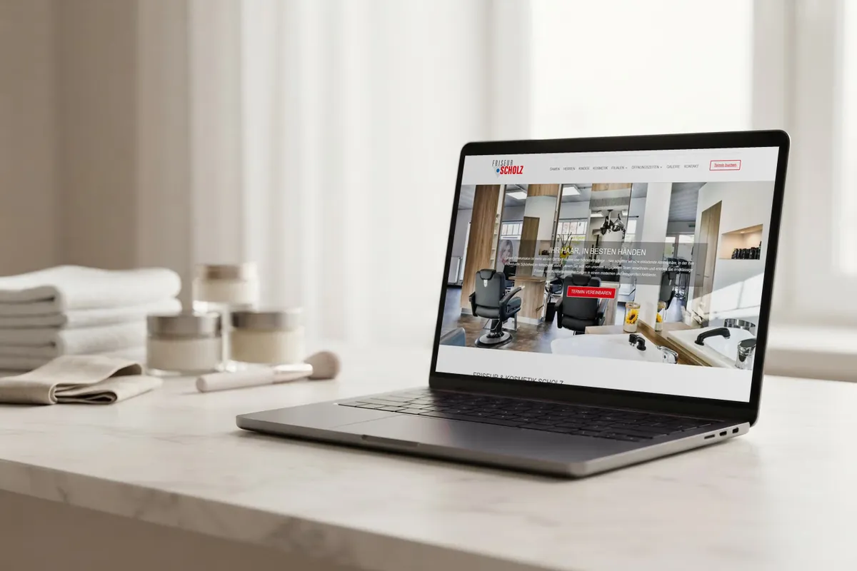 Webdesign-Referenz Friseursalon: Friseur Scholz, Neerstedt Webseite für Friseur- und Kosmetiksalons: laptop mit der Website von Friseur Scholz, Friseursalon in Neerstedt.
