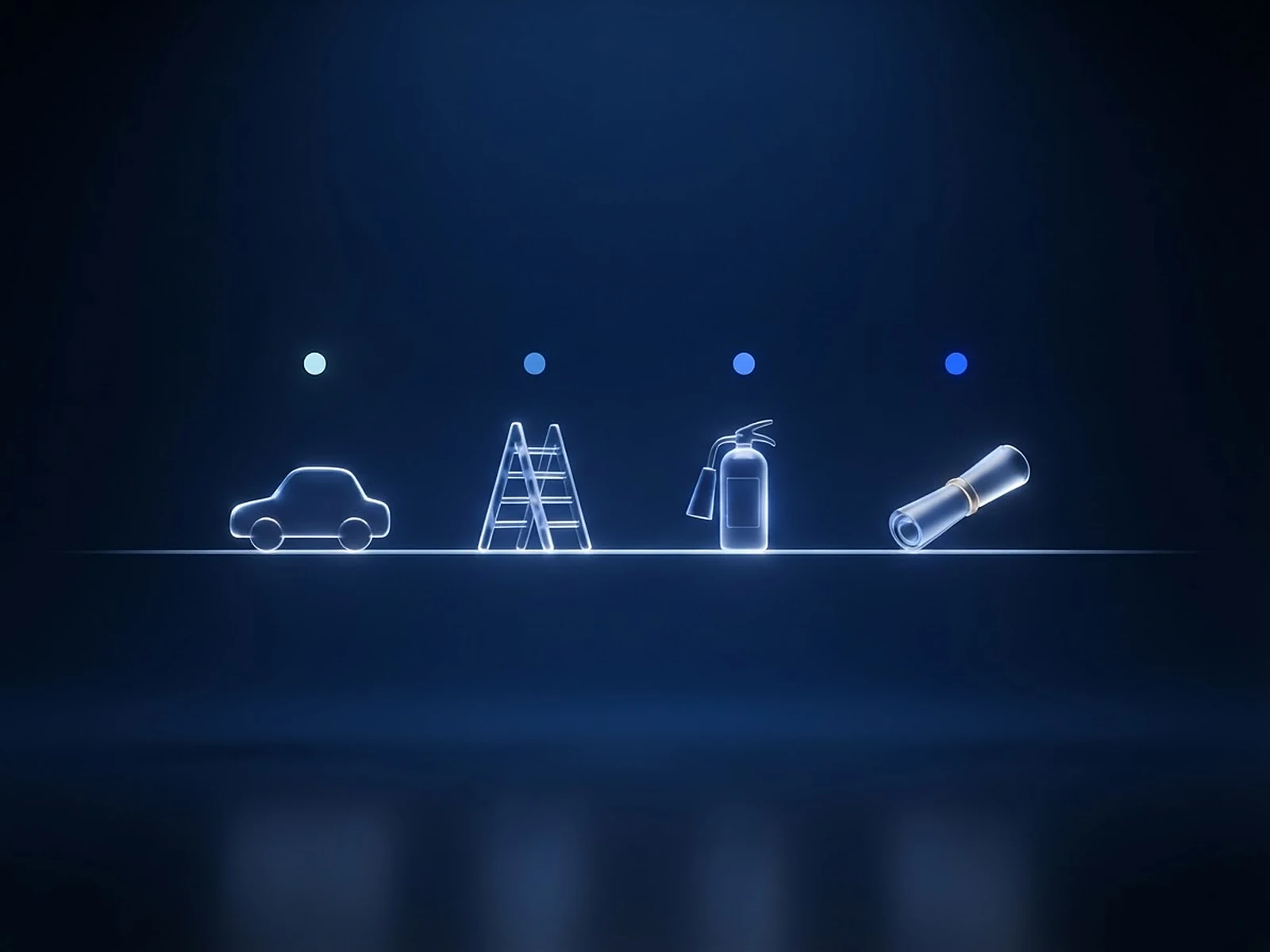 Auto, Leiter, Feuerlöscher und Vertragsrolle aus Glas, darüber Lichtpunkte: Fristen an einer Stelle verwalten.