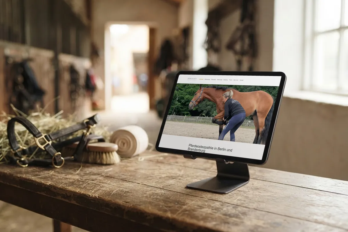 Webseite für Pferdeosteopathie: tablet mit der Website von Gangzauber, Pferdeosteopathie in Ahrensfelde.