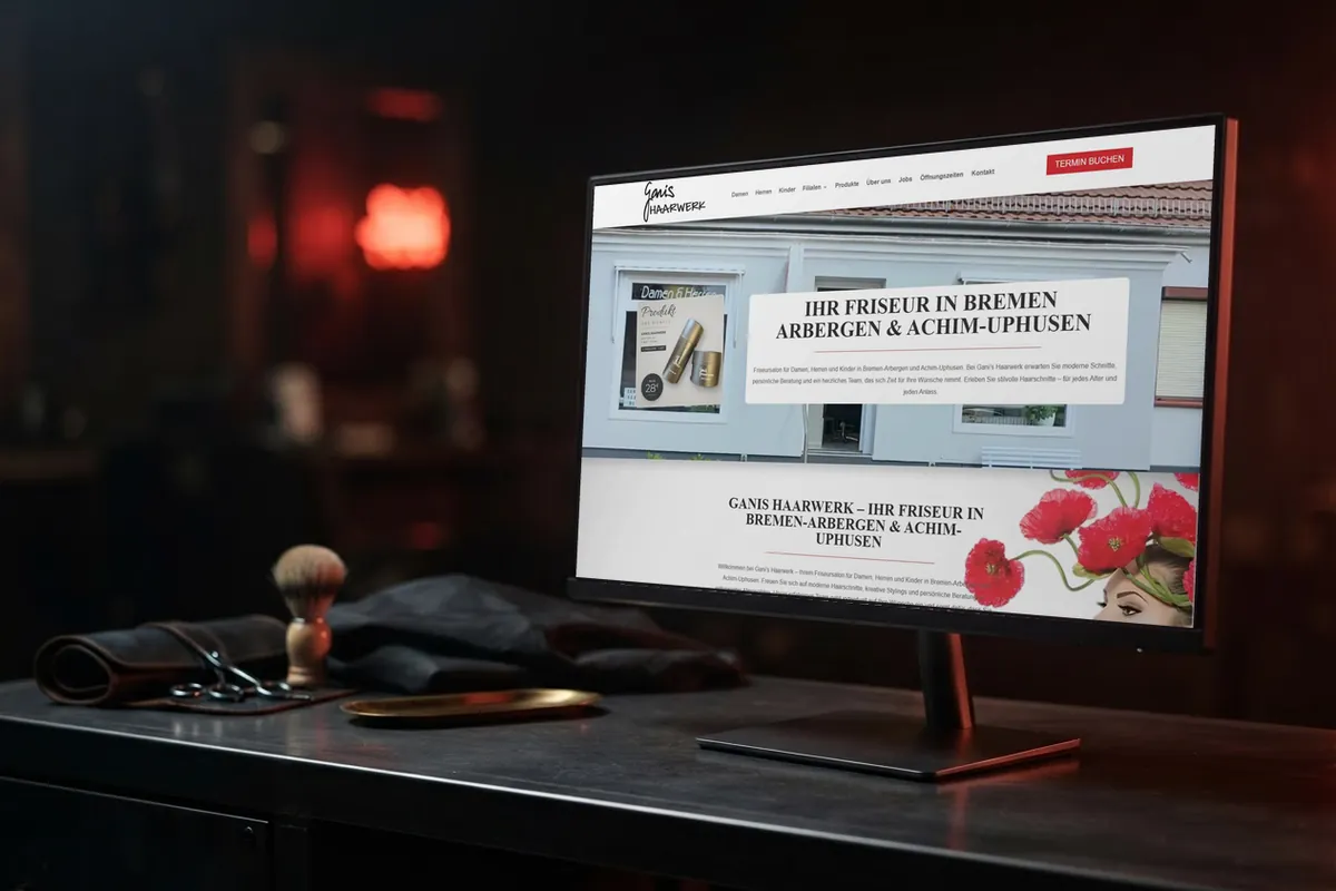 Webseite für Friseurbetriebe: monitor mit der Website von Ganis Haarwerk, Friseursalon in Bremen.
