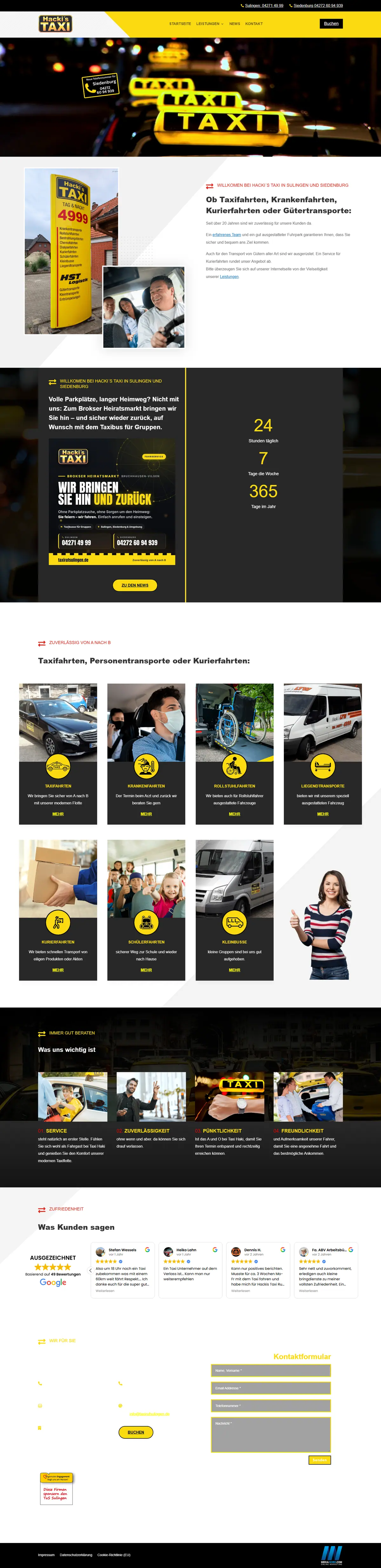 Webseite für Taxiunternehmen: Startseite von Hacki's Taxi, Taxiunternehmen in Sulingen, gebaut von Media-Nord.com