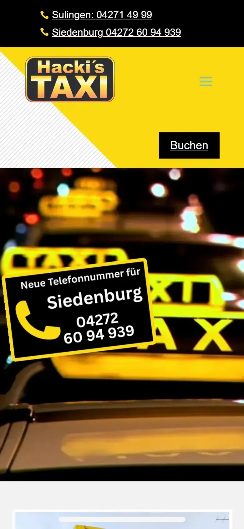 Webseite für Taxiunternehmen am Handy: die Website von Hacki's Taxi aus Sulingen in der mobilen Ansicht
