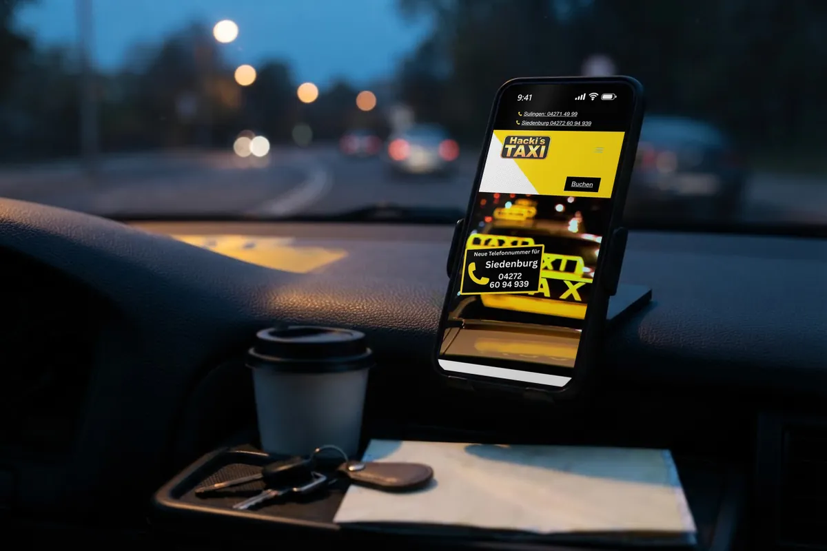 Webseite für Taxiunternehmen: handy mit der Website von Hacki's Taxi, Taxiunternehmen in Sulingen.