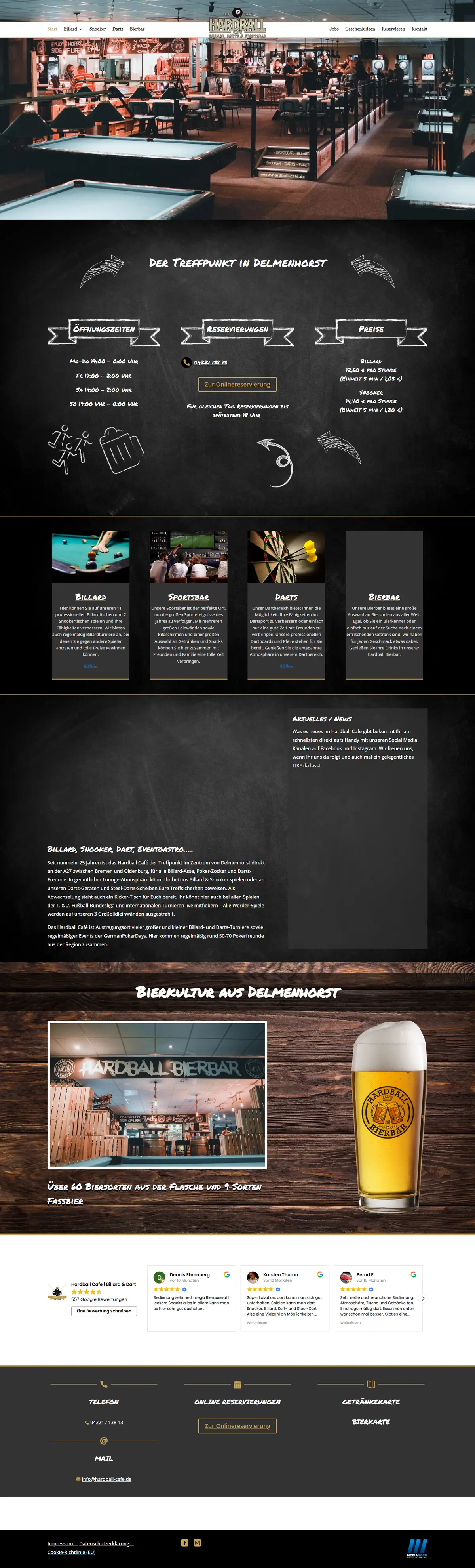 Webseite für Billardcafés: Startseite von Hardball Cafe, Billardcafé und Sportsbar in Delmenhorst, gebaut von Media-Nord.com