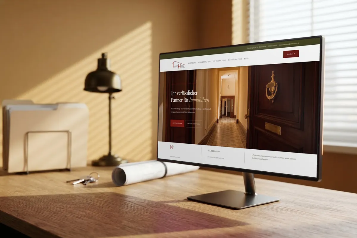 Webseite für Hausverwaltungen: monitor mit der Website von Immo Haus, Immobilienverwaltung in Delmenhorst.