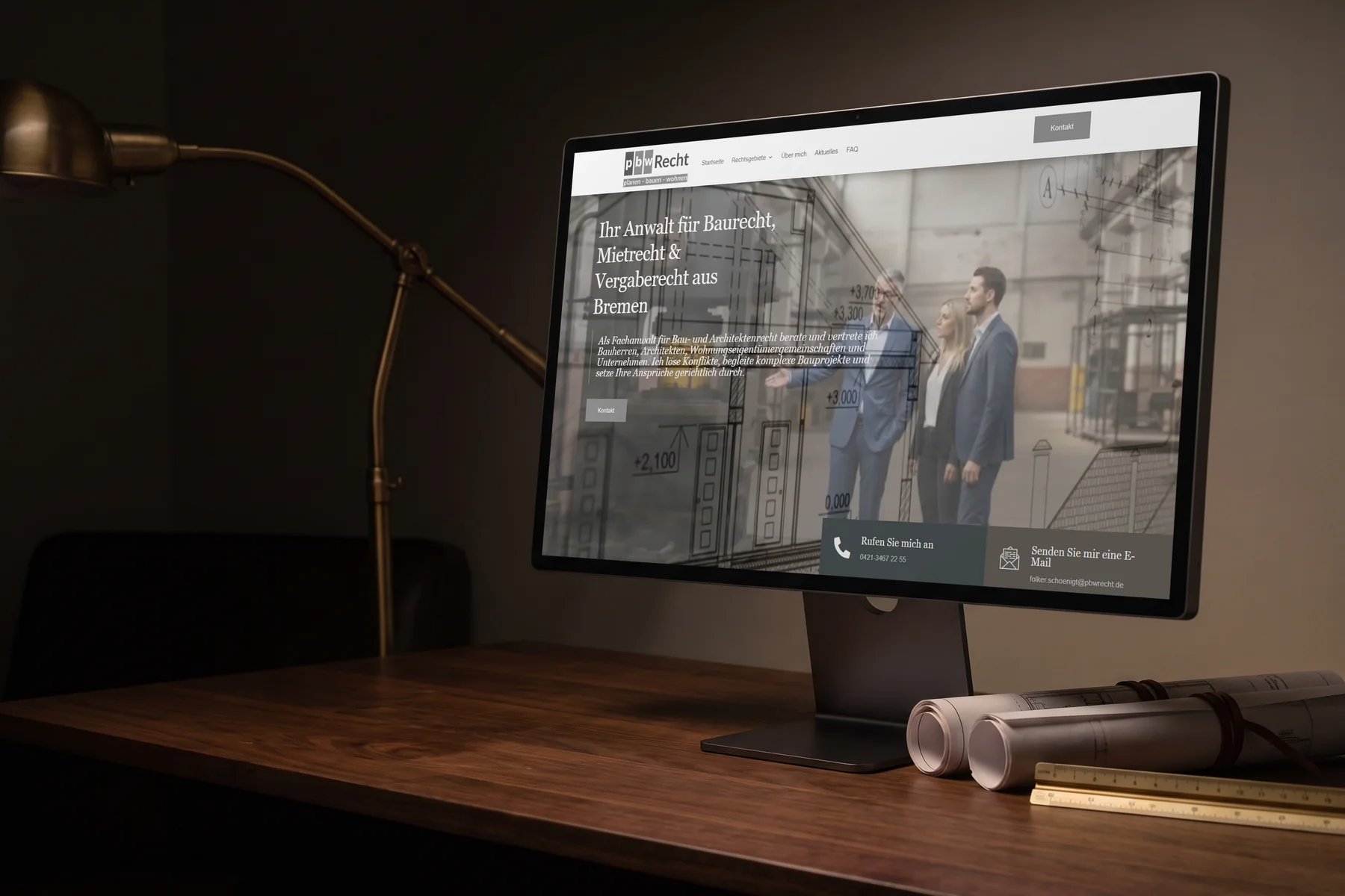 Monitor auf einem Nussbaum-Schreibtisch mit Bauplänen zeigt die Website einer Kanzlei: Kanzlei-Website als Referenz.