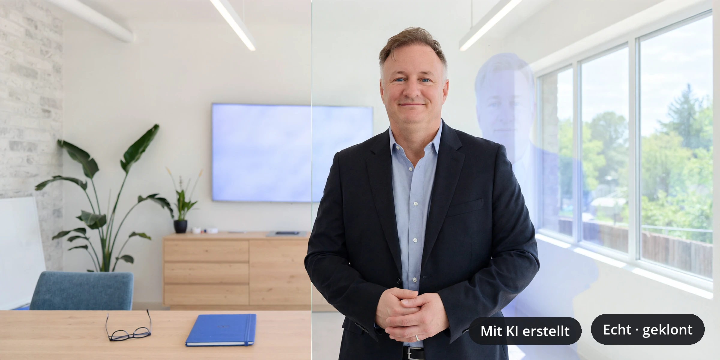 Ole Adrian im hellen Büro neben einer Glaswand mit seinem Spiegelbild: der digitale Zwilling.