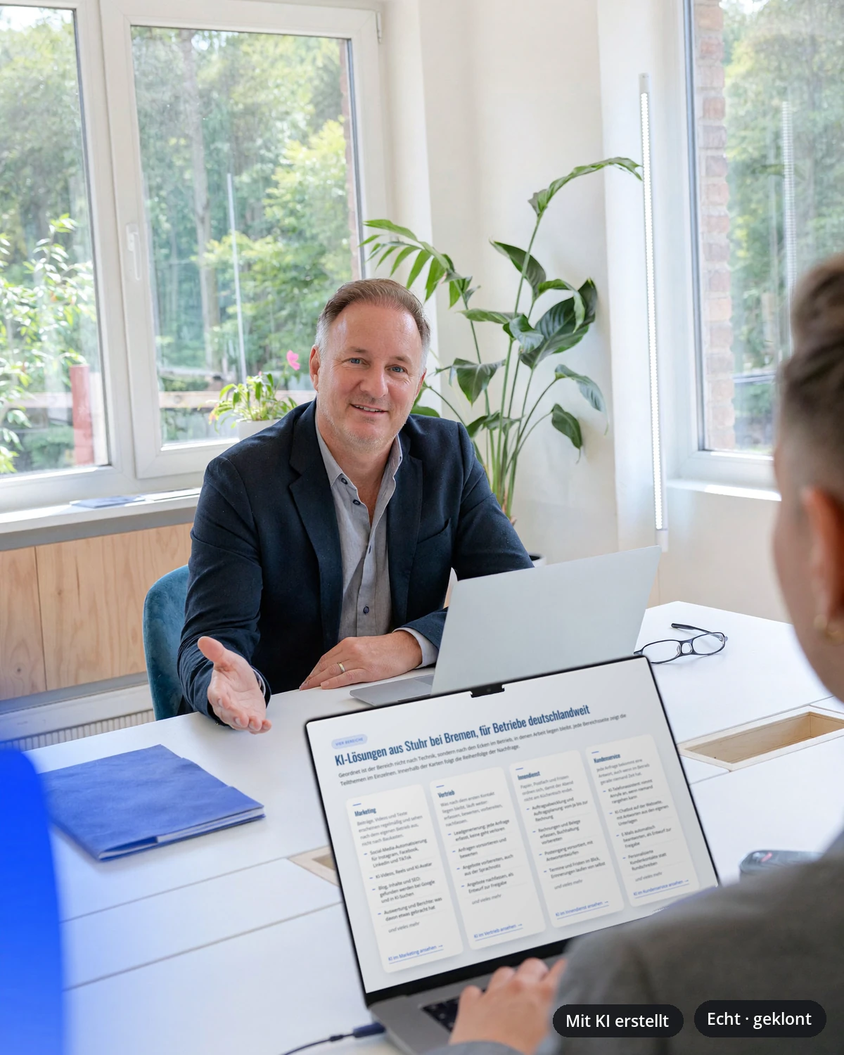 Ole Adrian erklärt einem Handwerker am Laptop eine KI-Lösung: der KI-Berater hinter Media-Nord.com.