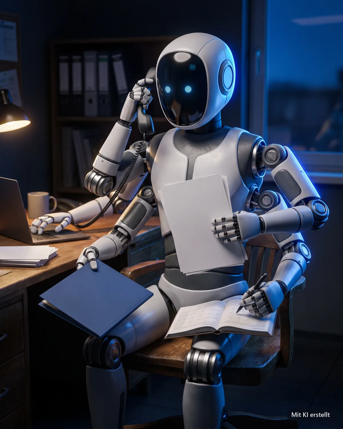 Ein Roboter telefoniert, tippt, sortiert Papiere und trägt einen Termin ein: KI-Lösungen übernehmen Büroaufgaben.