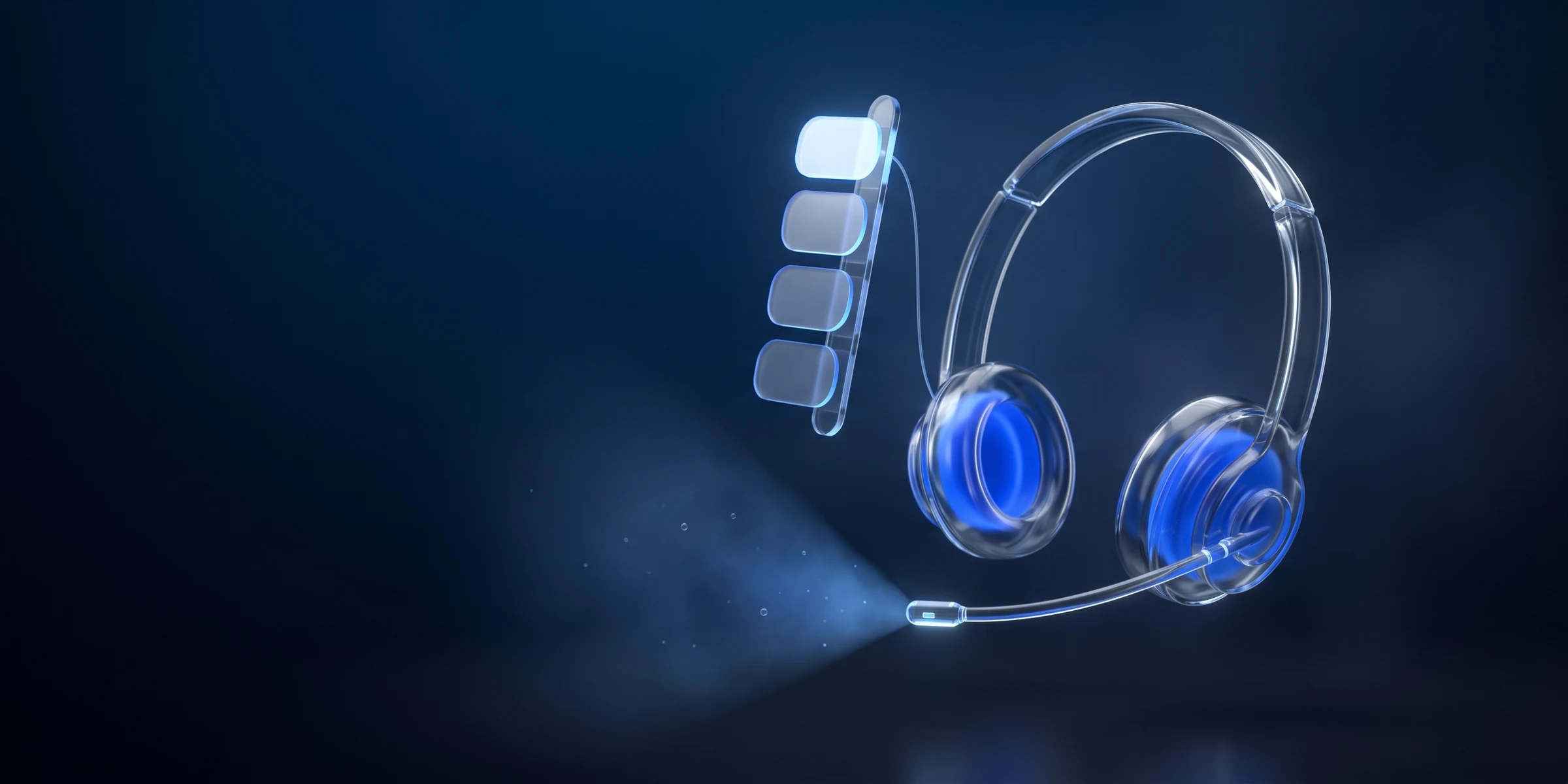 Gläsernes Headset mit Lichtkegel und einer Liste leerer Glaskarten: KI im Kundenservice nimmt Anrufe an.