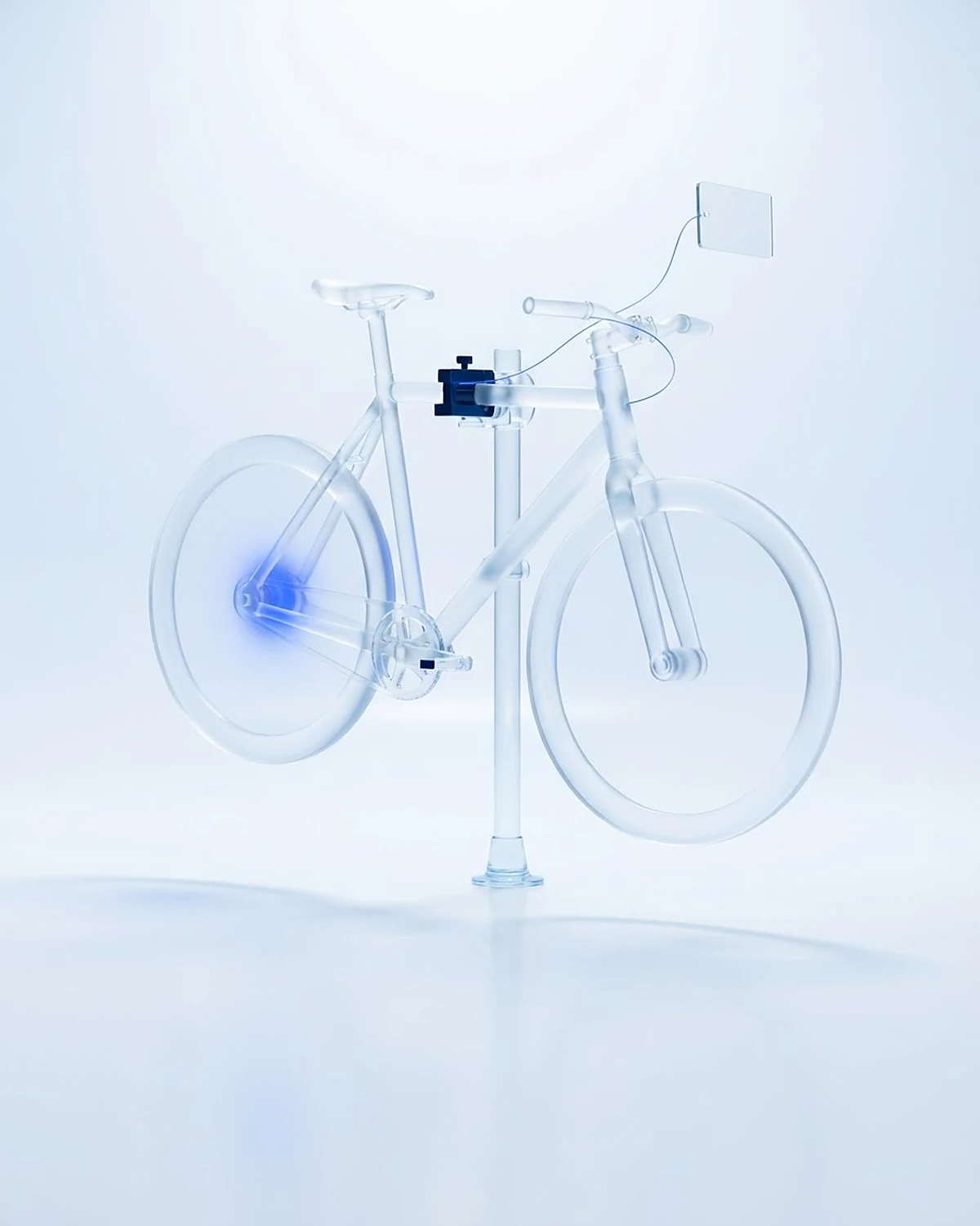 Gläsernes Fahrrad im Montageständer, eine Lichtspur führt zur Antwortkarte: Kundenanfrage beantworten, ein Beispiel.