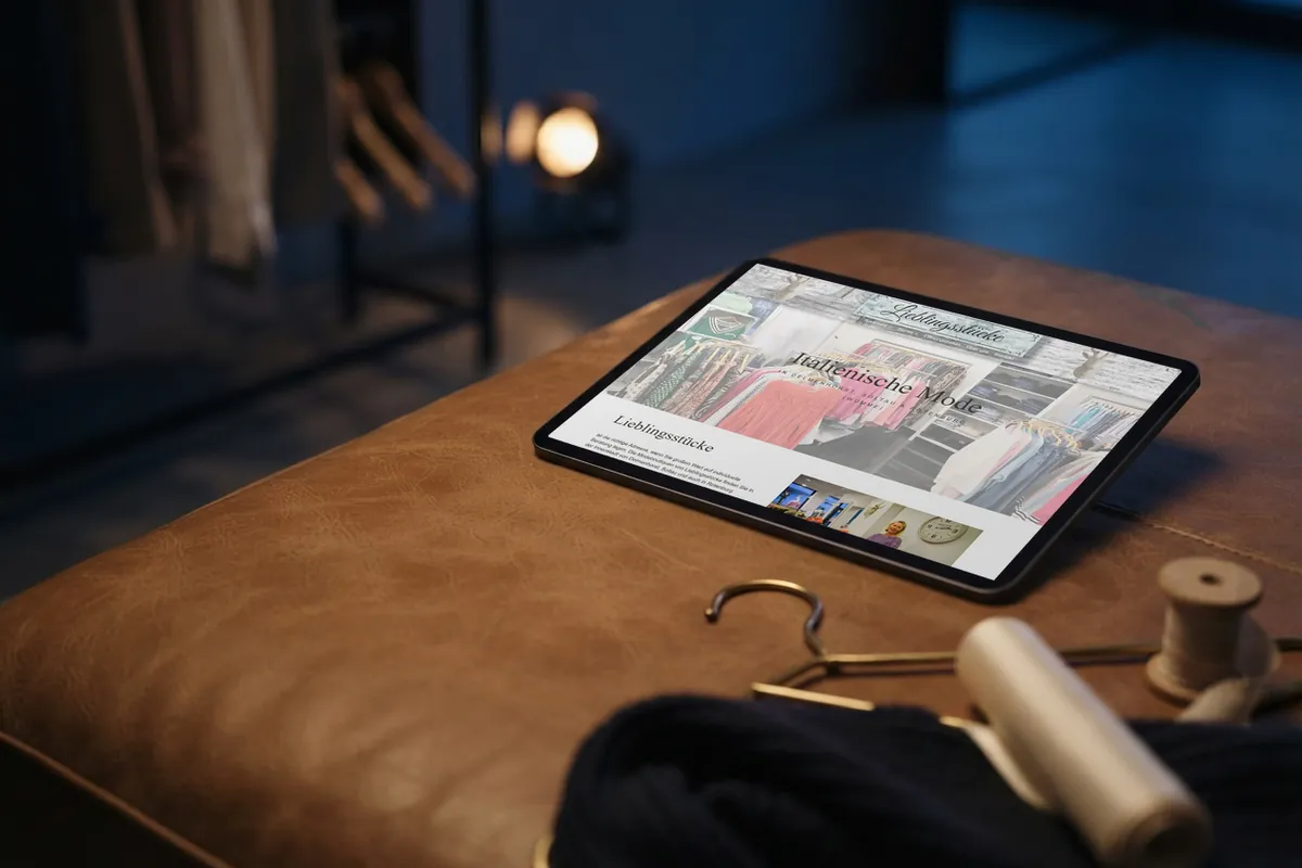 Webdesign-Referenz Damenmode: Lieblingsstücke, Delmenhorst Webseite für Modegeschäfte: tablet mit der Website von Lieblingsstücke, Damenmode in Delmenhorst.
