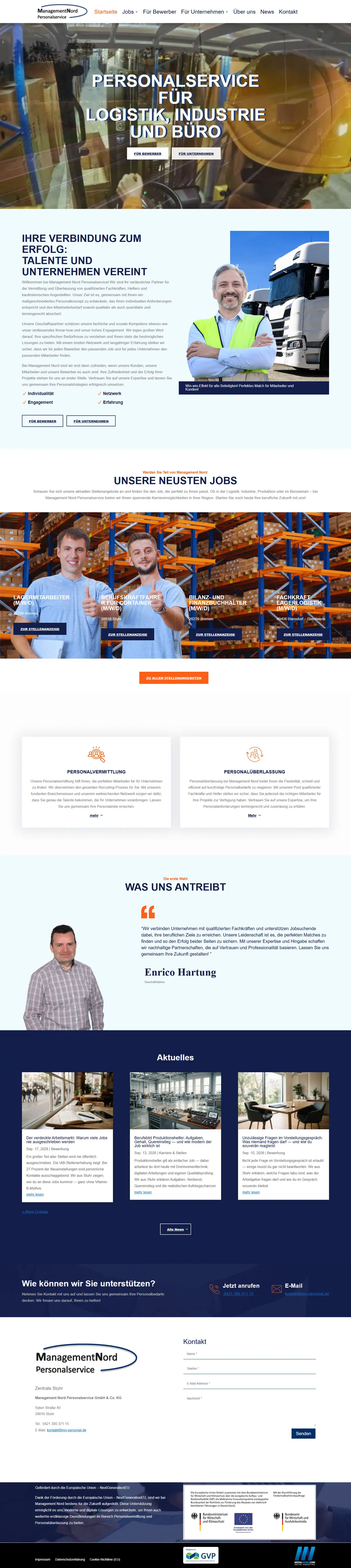 Webseite für Personaldienstleister: Startseite von Management Nord Personalservice, Personaldienstleister in Stuhr