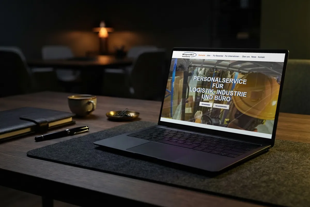 Webseite für Personaldienstleister: laptop mit der Website von Management Nord, Personaldienstleistung in Stuhr.
