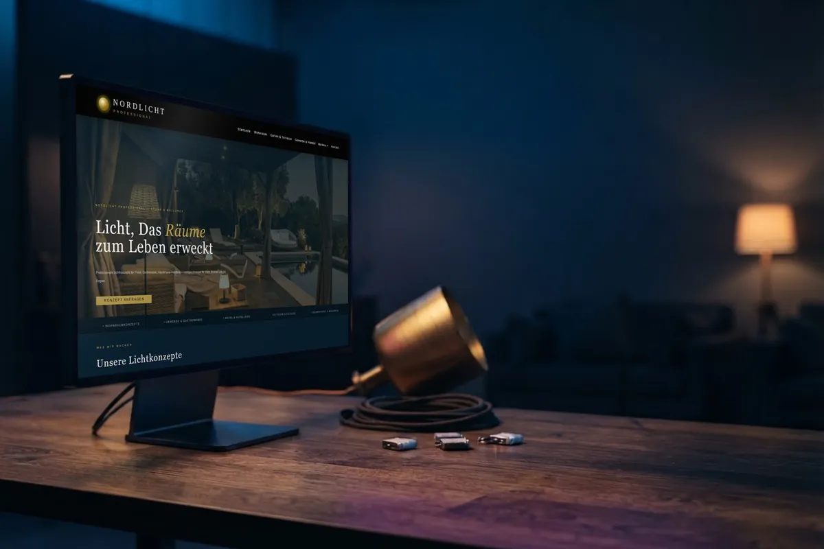 Webseite für Lichtplaner: monitor mit der Website von Nordlicht Professional, Lichtkonzepte in Delmenhorst.