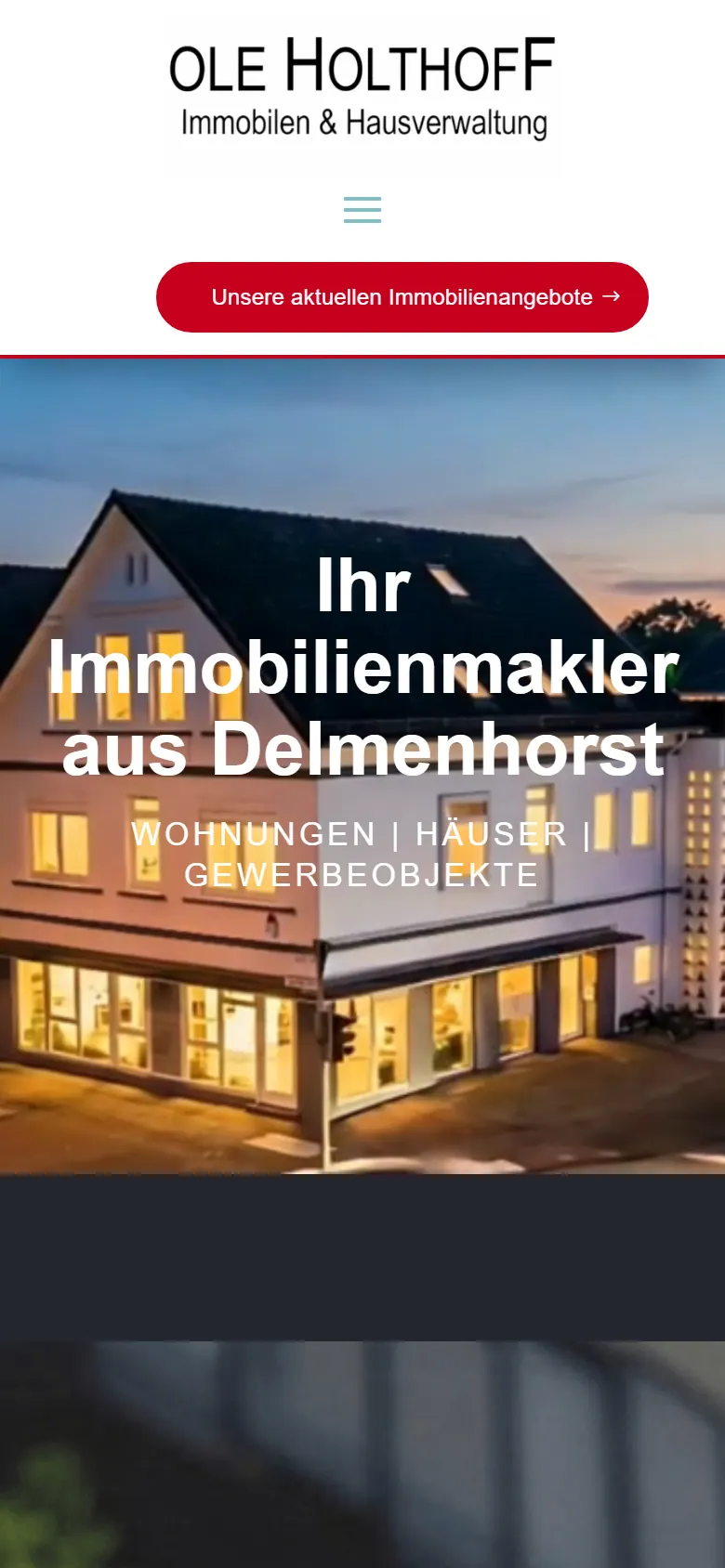 Webseite für Immobilienmakler am Handy: die Website von Ole Holthoff Immobilien aus Delmenhorst in der mobilen Ansicht