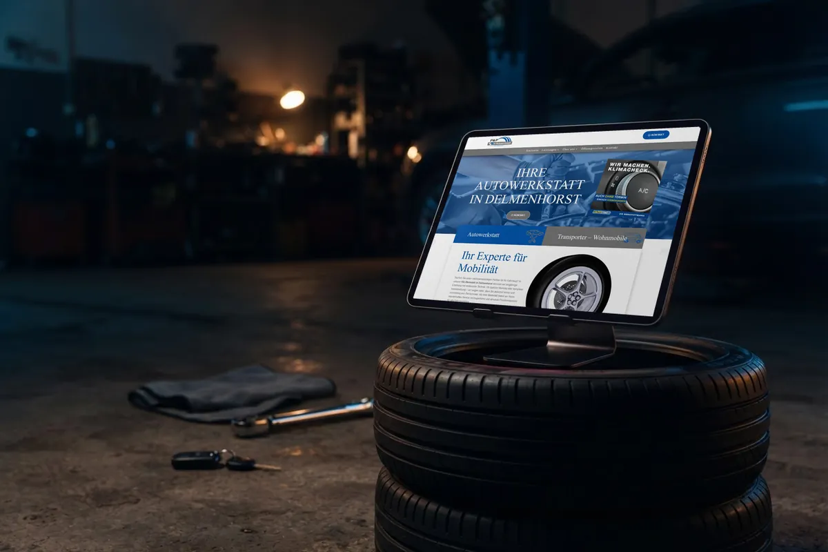 Webseite für Kfz-Betriebe: tablet mit der Website von P & P Autowerkstatt, Kfz-Werkstatt in Delmenhorst.