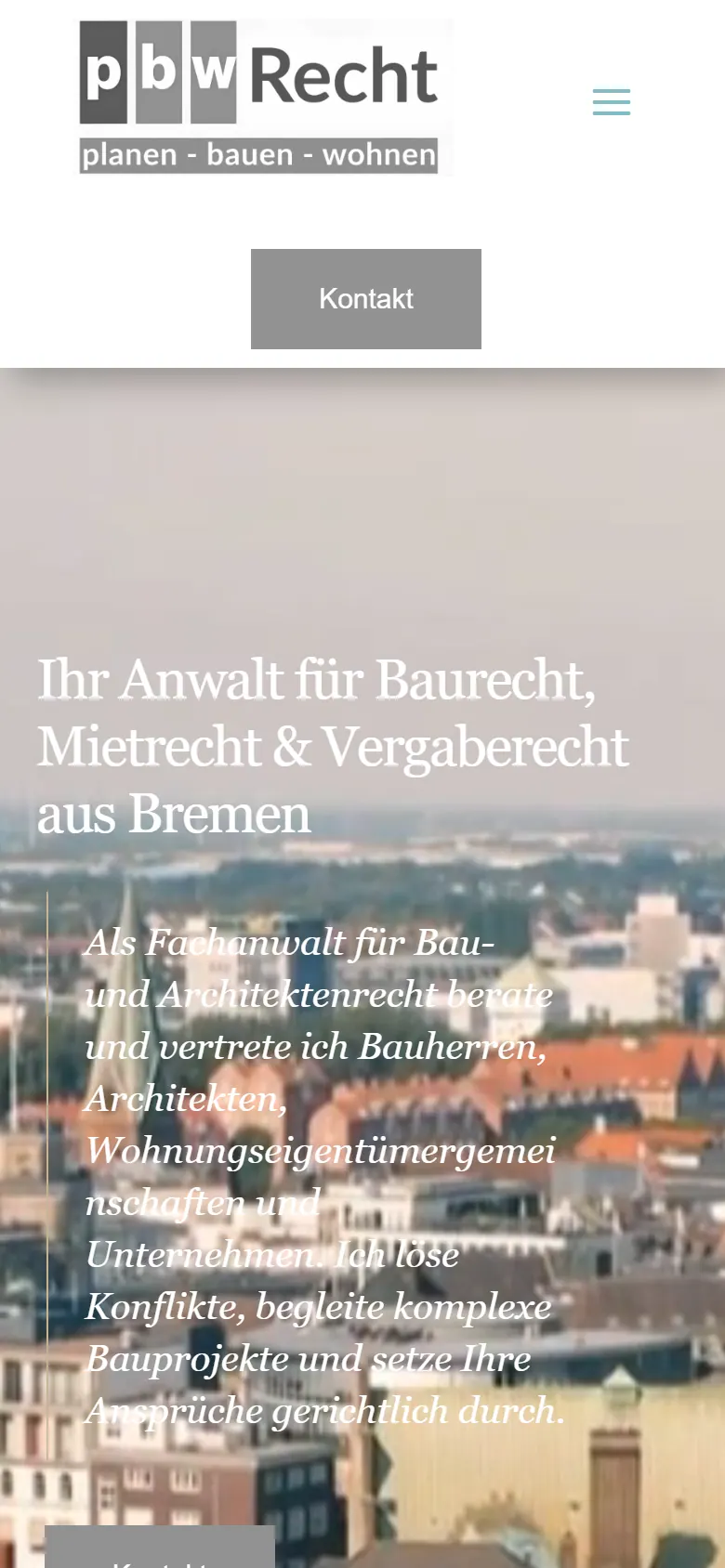 Webseite für Rechtsanwaltskanzleien am Handy: die Website von pbw Recht aus Bremen in der mobilen Ansicht