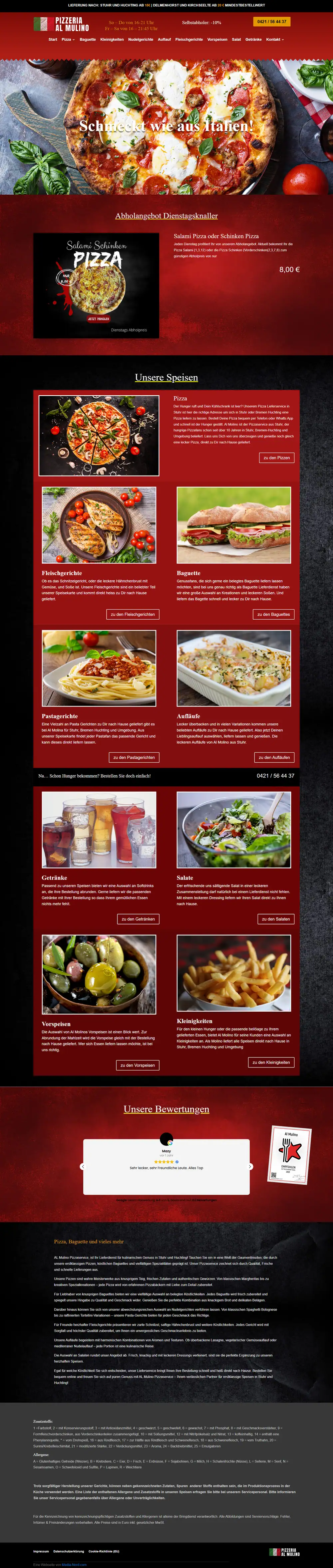 Webseite für Pizzerien in Stuhr: Al Mulino Pizza Webseite für Pizzerien: Startseite von Al Mulino Pizza, Pizzeria in Stuhr, gebaut von Media-Nord.com