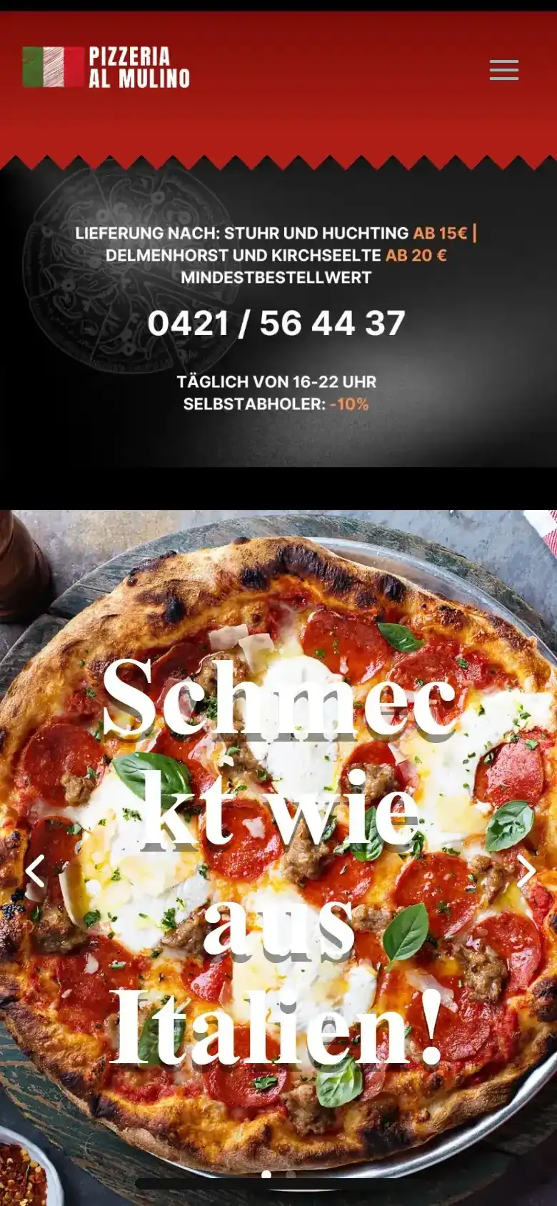 Webseite für Pizzerien am Handy: Al Mulino Pizza, Stuhr Webseite für Pizzerien am Handy: die Website von Al Mulino Pizza aus Stuhr in der mobilen Ansicht