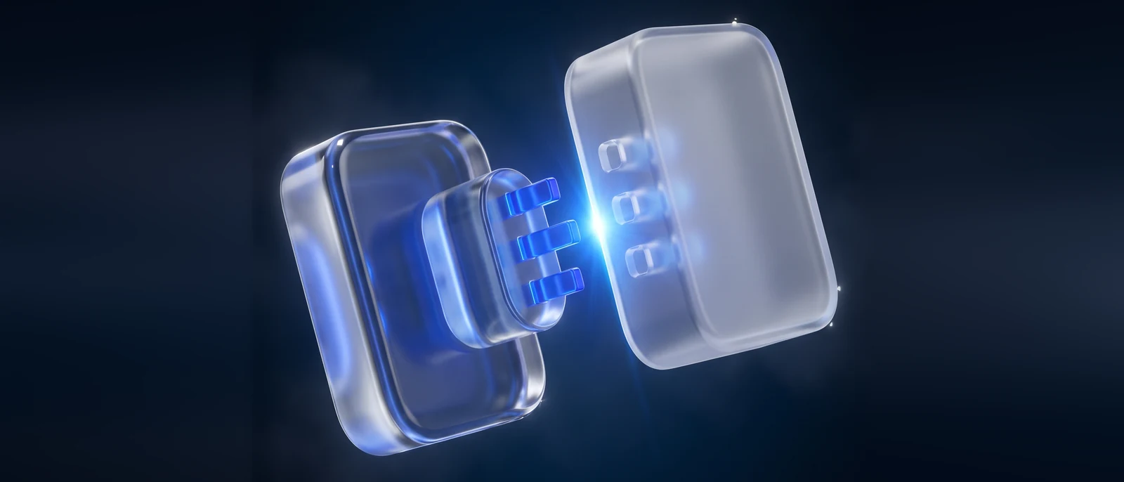 Gläserner Stecker mit blau leuchtenden Kontakten rastet in ein zweites Glasgehäuse ein: eine Schnittstelle verbinden.