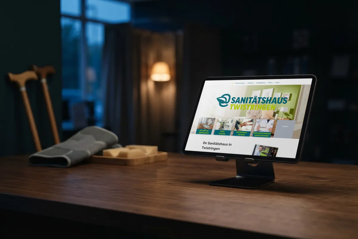 Webseite für Orthopädietechnik: tablet mit der Website von Sanitätshaus Twistringen, Sanitätshaus in Twistringen.