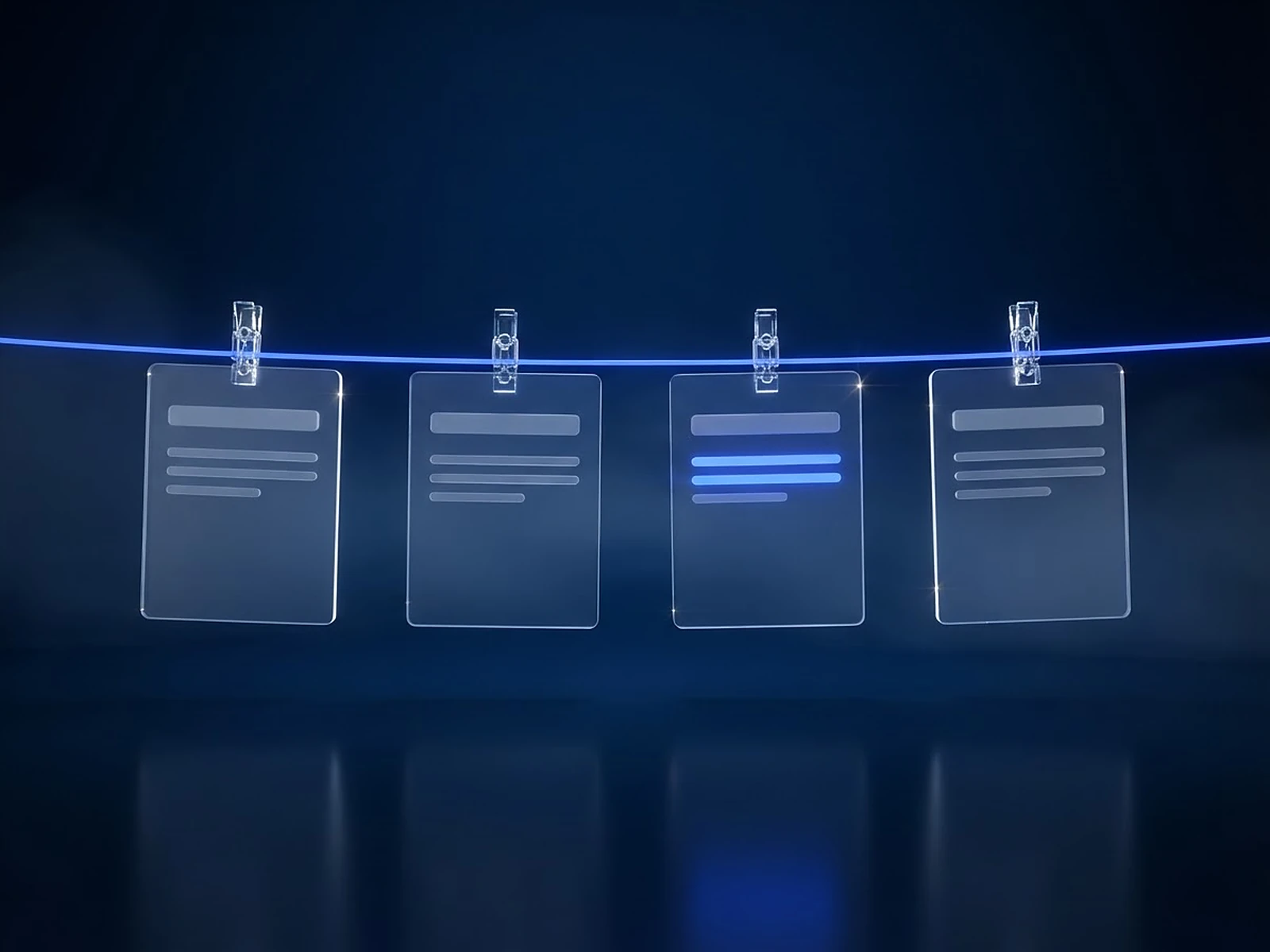 Gläserne Artikelentwürfe an einer Lichtleine, auf einem leuchtet eine markierte Stelle: SEO-Blogartikel zur Durchsicht.