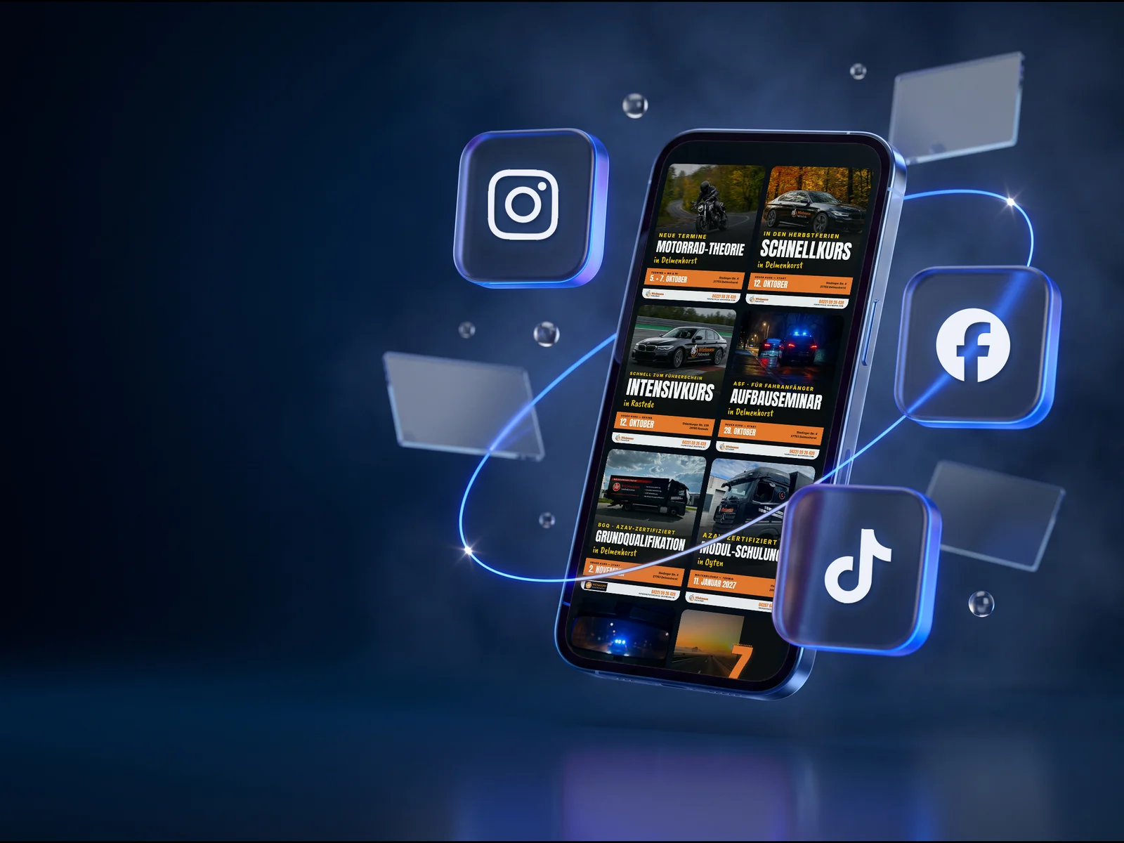 Handy mit fertigen Social-Media-Grafiken, daneben die Zeichen von Instagram, Facebook und TikTok: KI im Marketing.