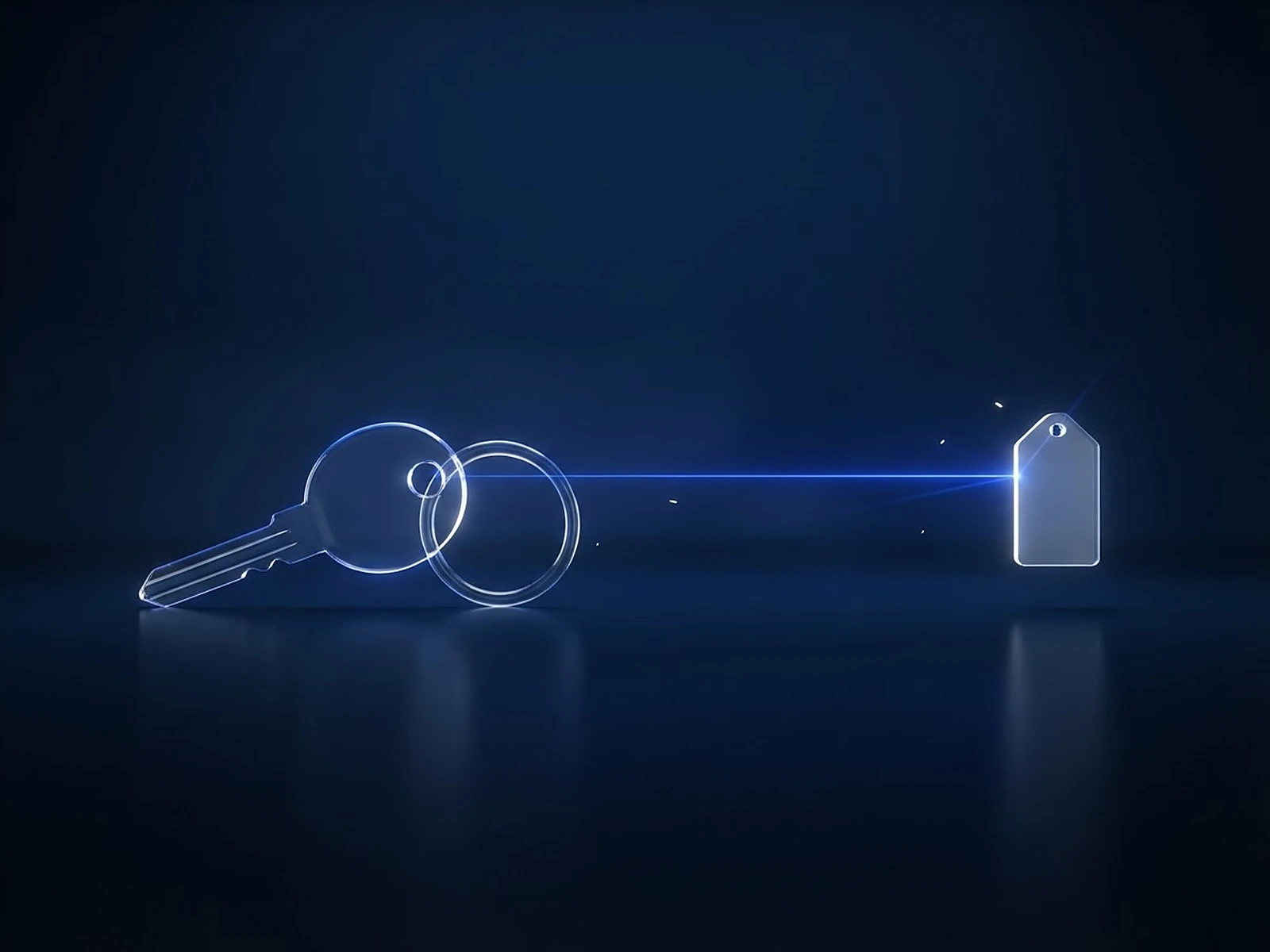 Glasschlüssel mit Ring, ein Lichtstrahl läuft zum Anhänger: Statusnachricht, sobald der Auftrag fertig ist.