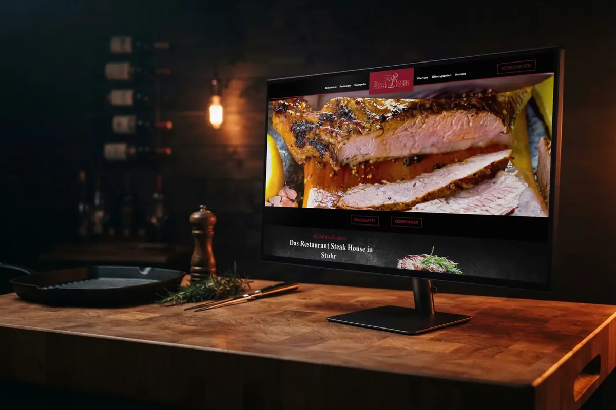 Webseite für Steakhäuser: monitor mit der Website von Steak-House Stuhr, Steakhaus in Stuhr.