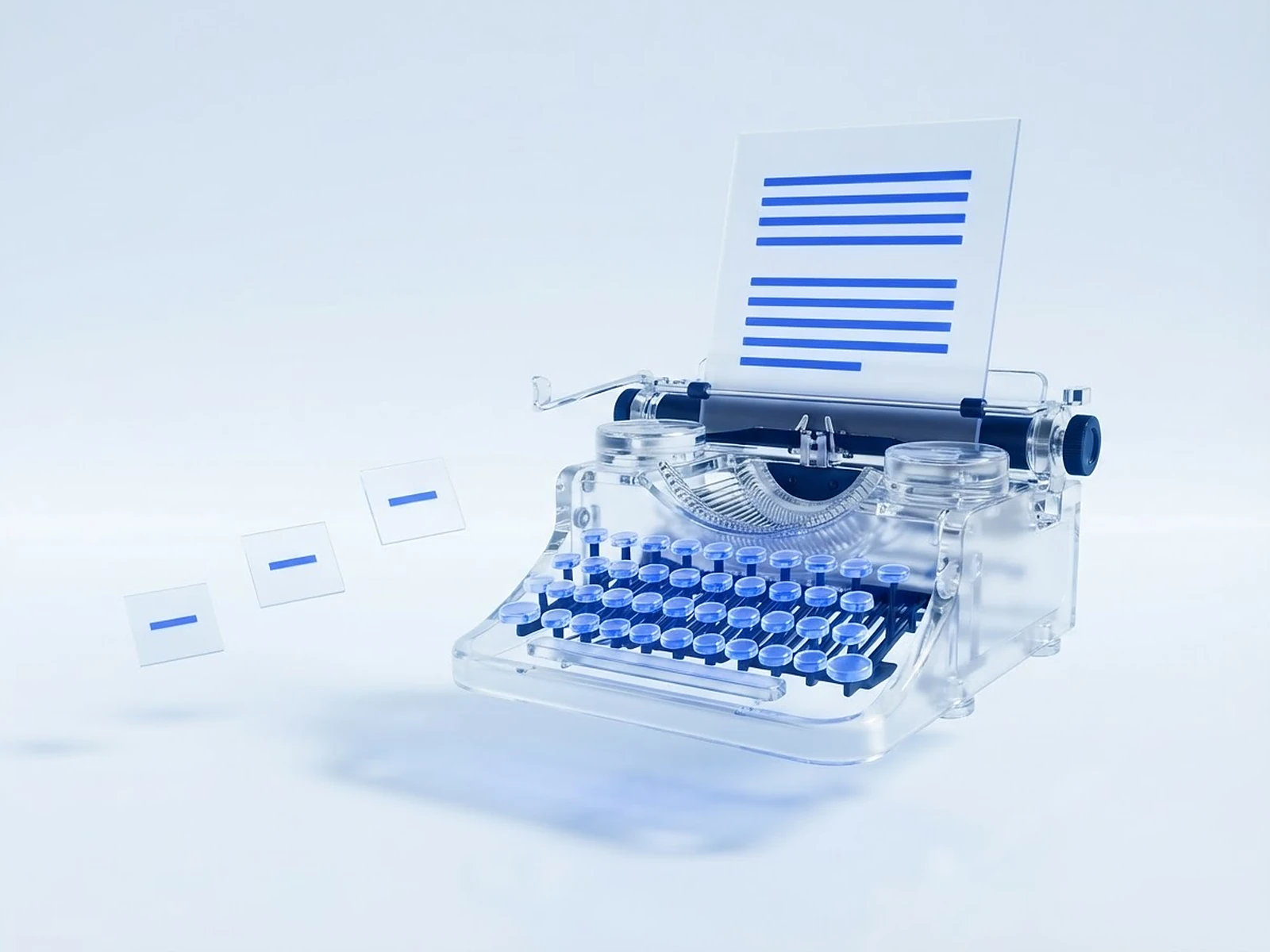 Gläserner Webrahmen verwebt leuchtende Themen zu einem Artikelblatt: Blogthemen automatisch finden und schreiben.
