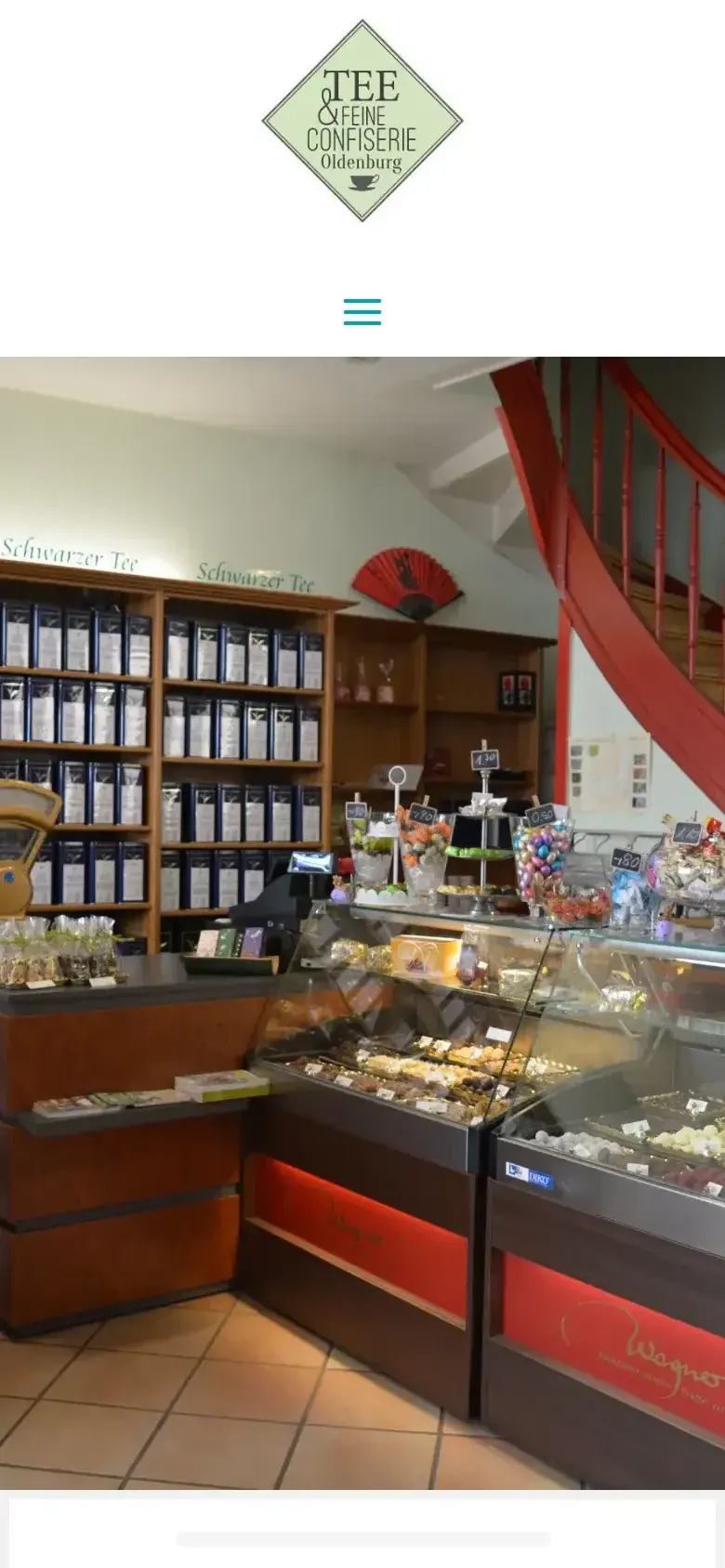Webseite für Confiserien am Handy: die Website von Tee & Feine Confiserie aus Oldenburg in der mobilen Ansicht