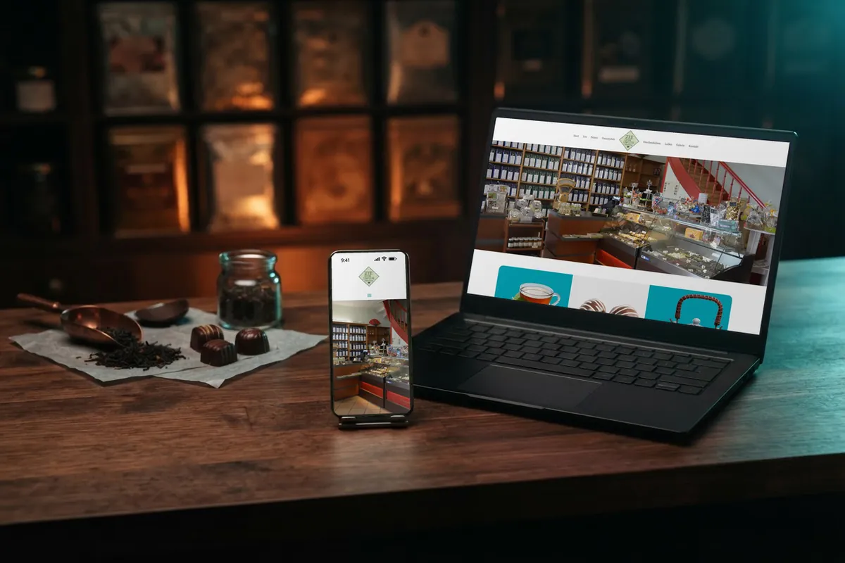 Webseite für Confiserien: laptop und Handy mit der Website von Tee & Feine Confiserie.