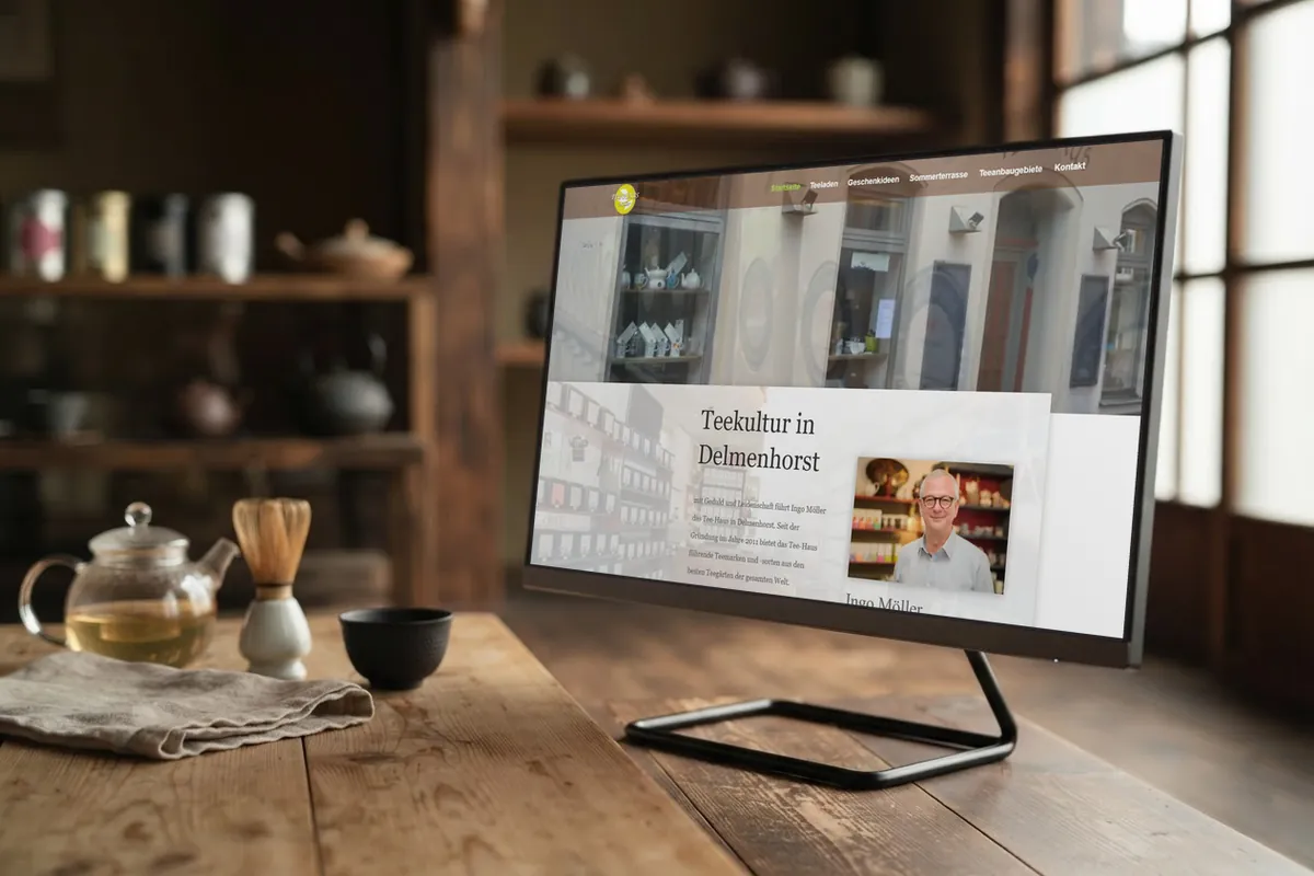 Webseite für Teeläden: monitor mit der Website von Teehaus, Teeladen in Delmenhorst, als Webdesign-Referenz im Studiobild.