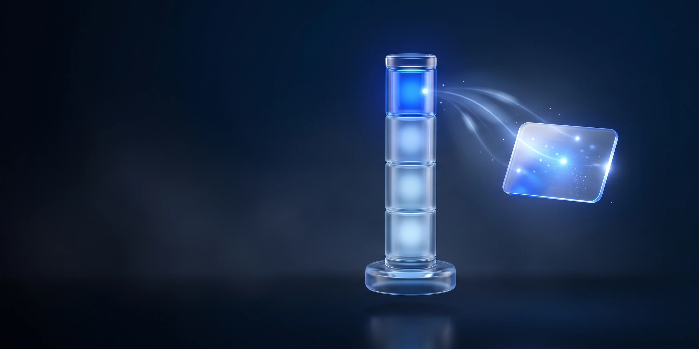 Gläserne Signalsäule leuchtet oben blau und schickt Licht an eine Karte: Terminbuchung und Statusmeldung an Kunden.