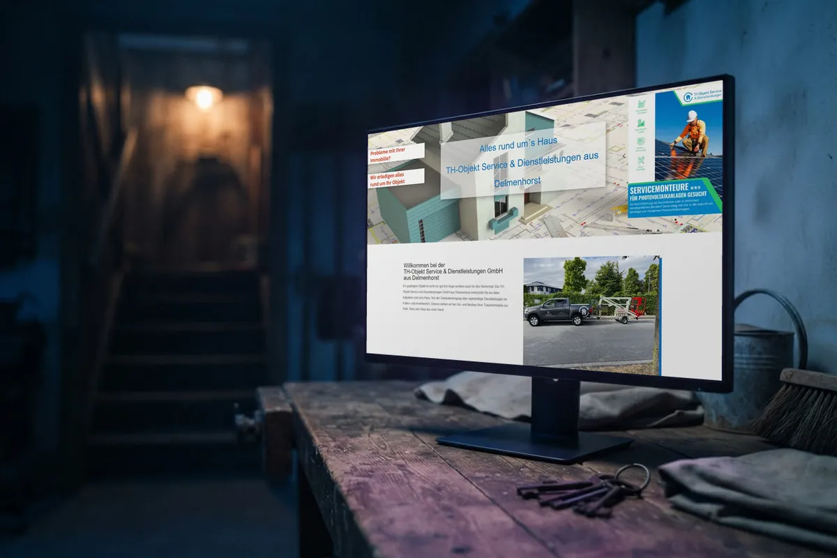 Webdesign-Referenz Objektbetreuung: TH Objekt Service, Delmenhorst Webseite für Objektbetreuung: monitor mit der Website von TH Objekt Service, Objektbetreuung in Delmenhorst.